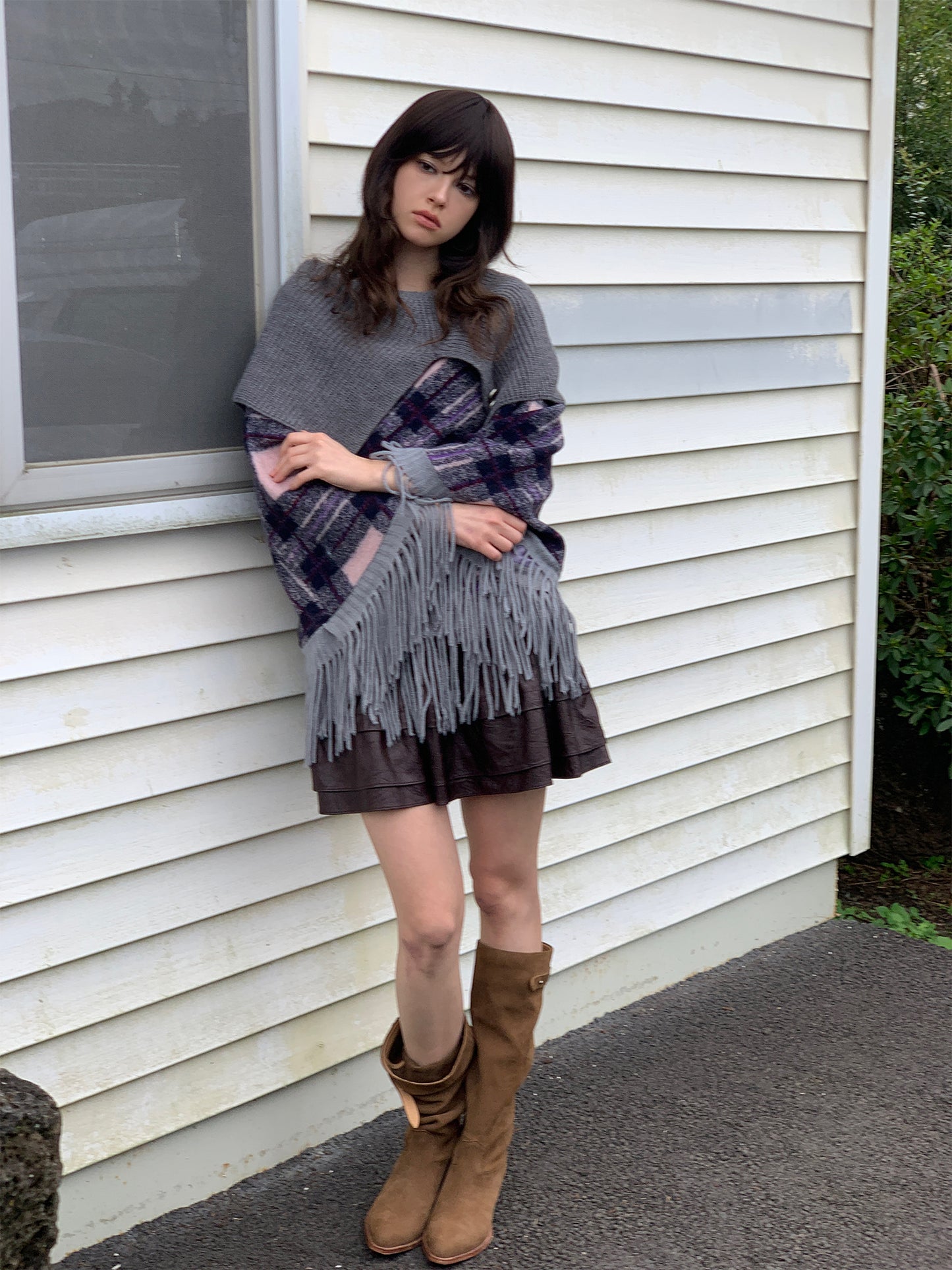 Sale[S0021]Alice Gray-purple Plaid Sweater Knitted Cape