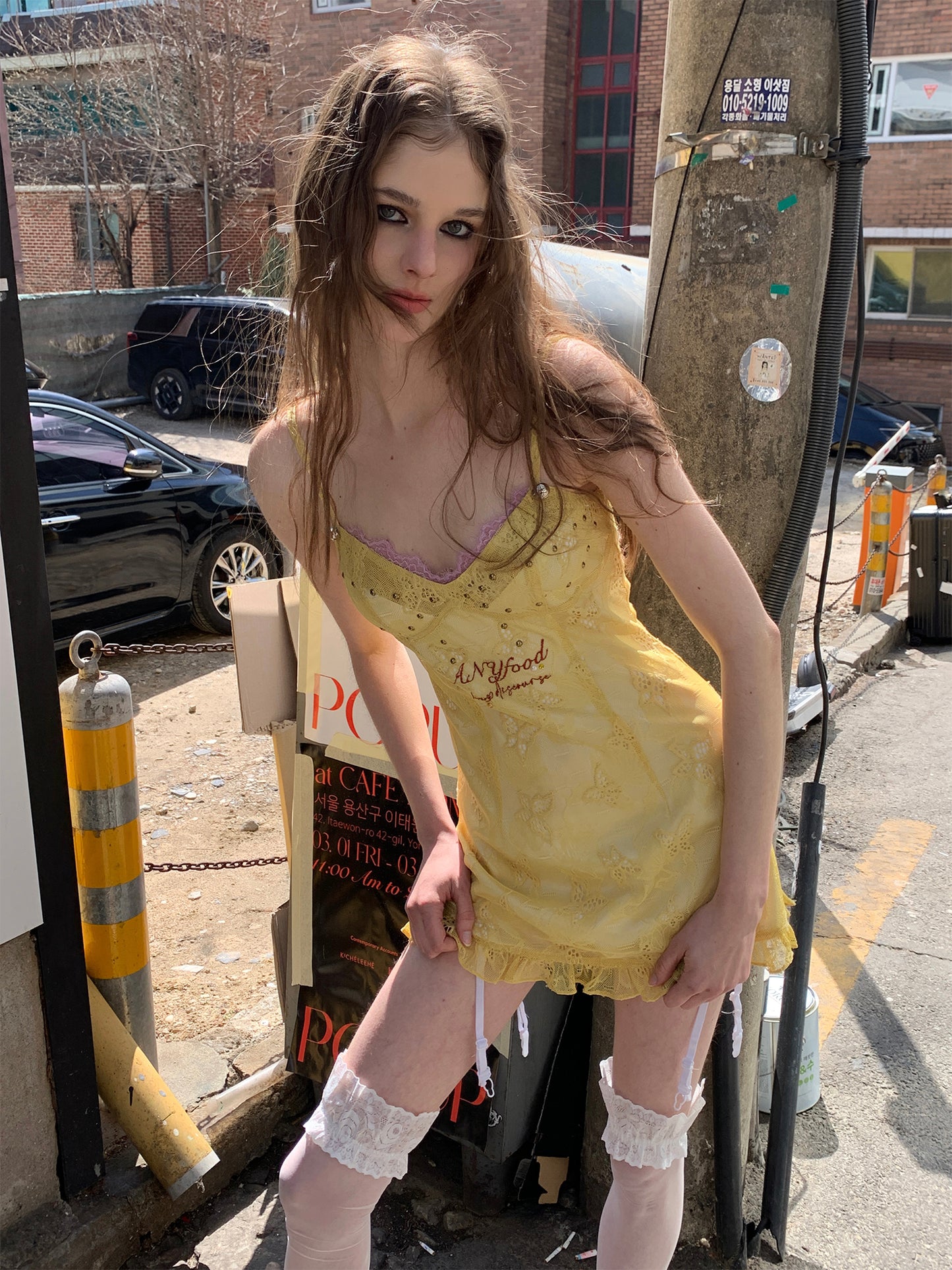 [F0088]Lemon Yellow Lace Slip Dress