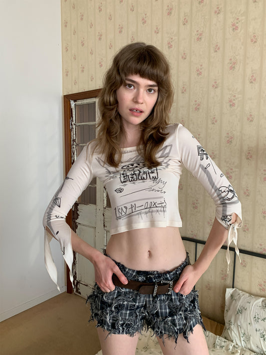 [A001013]Hand-Painted Cat Print Tie-Front Tee in 3 Colors