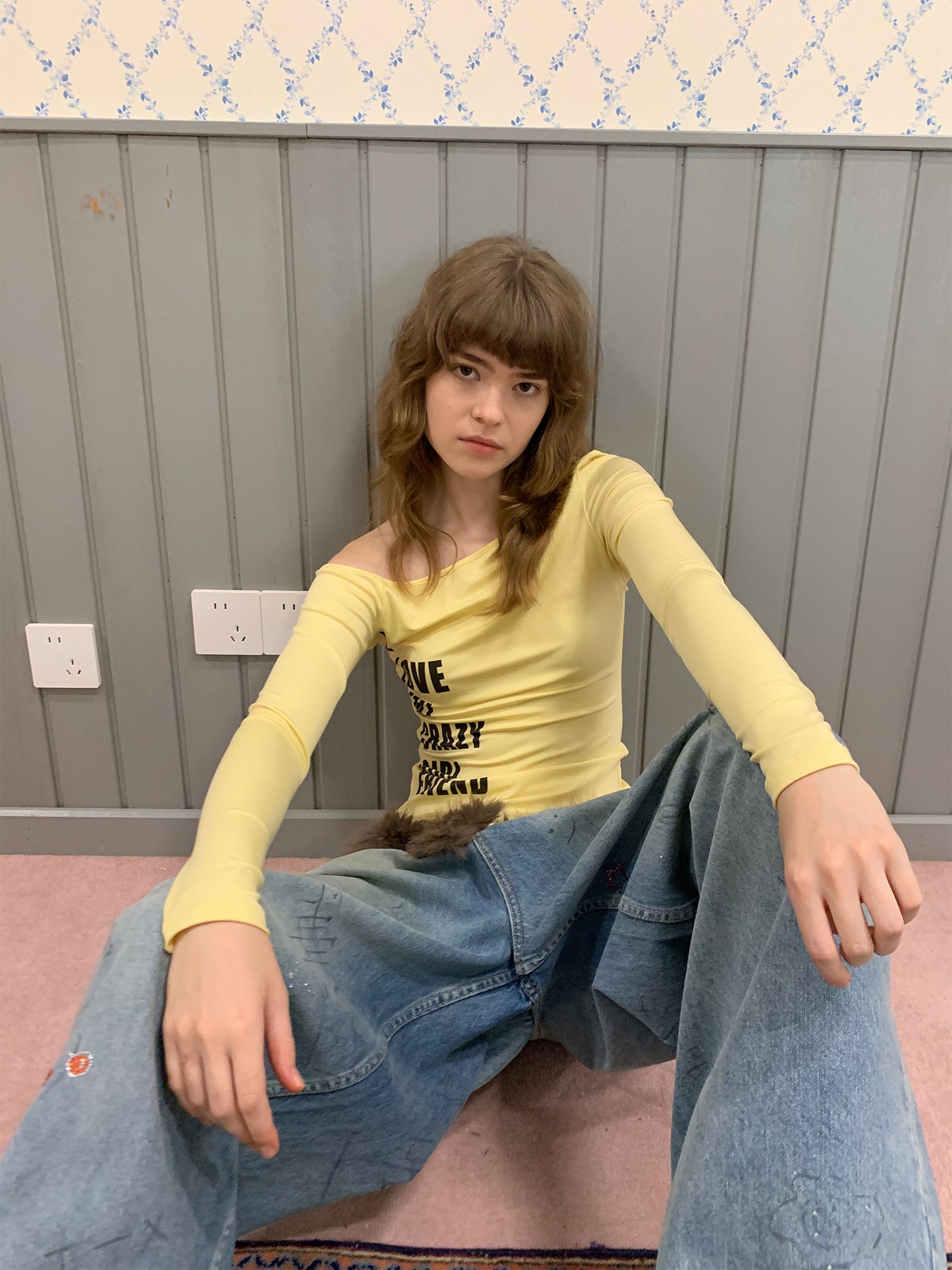 [A001024]Yellow Off-Shoulder Long Sleeve Top