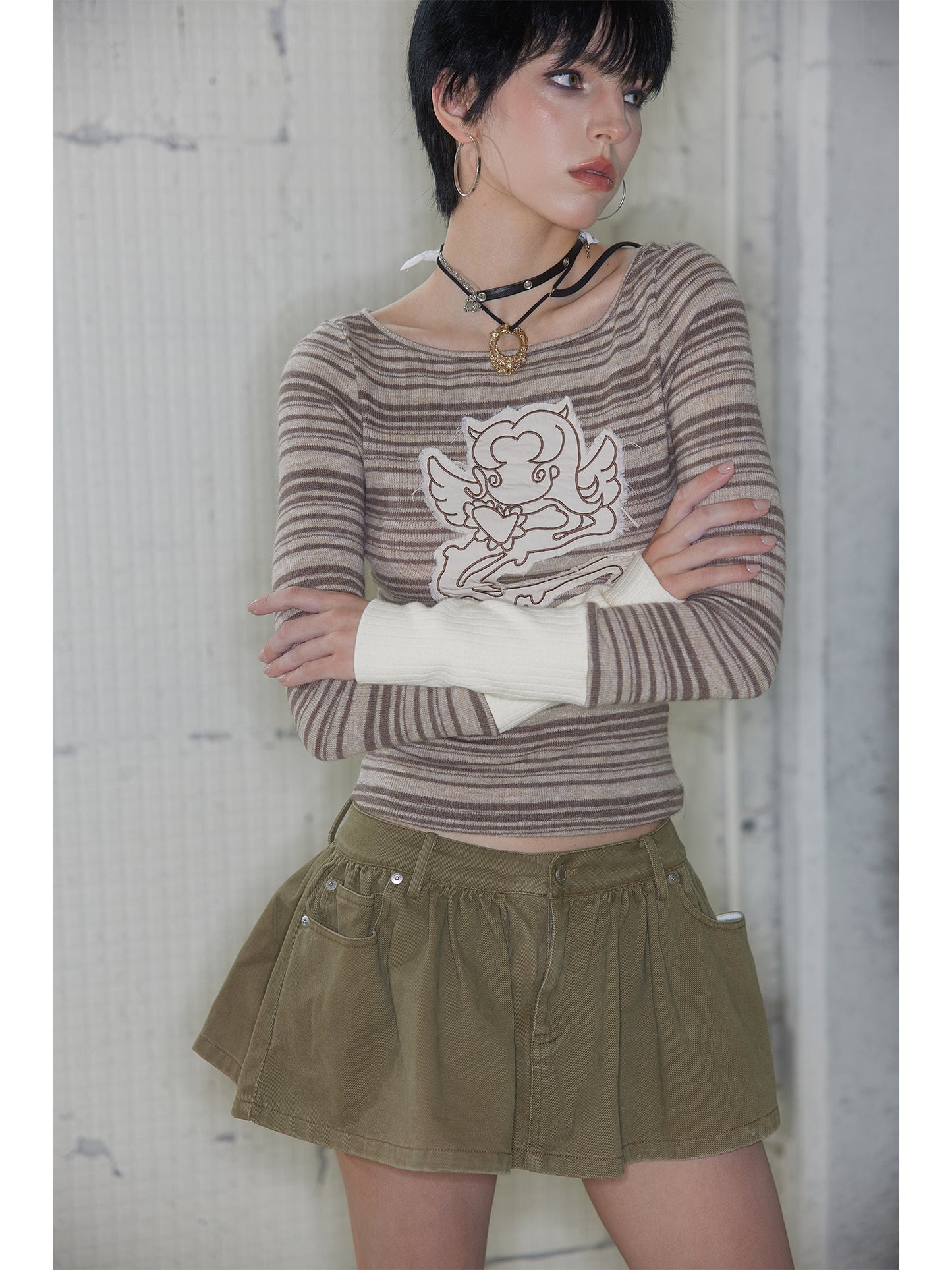 [G0076]Angel Girl's Embroidered Contrast-striped Long-sleeved
