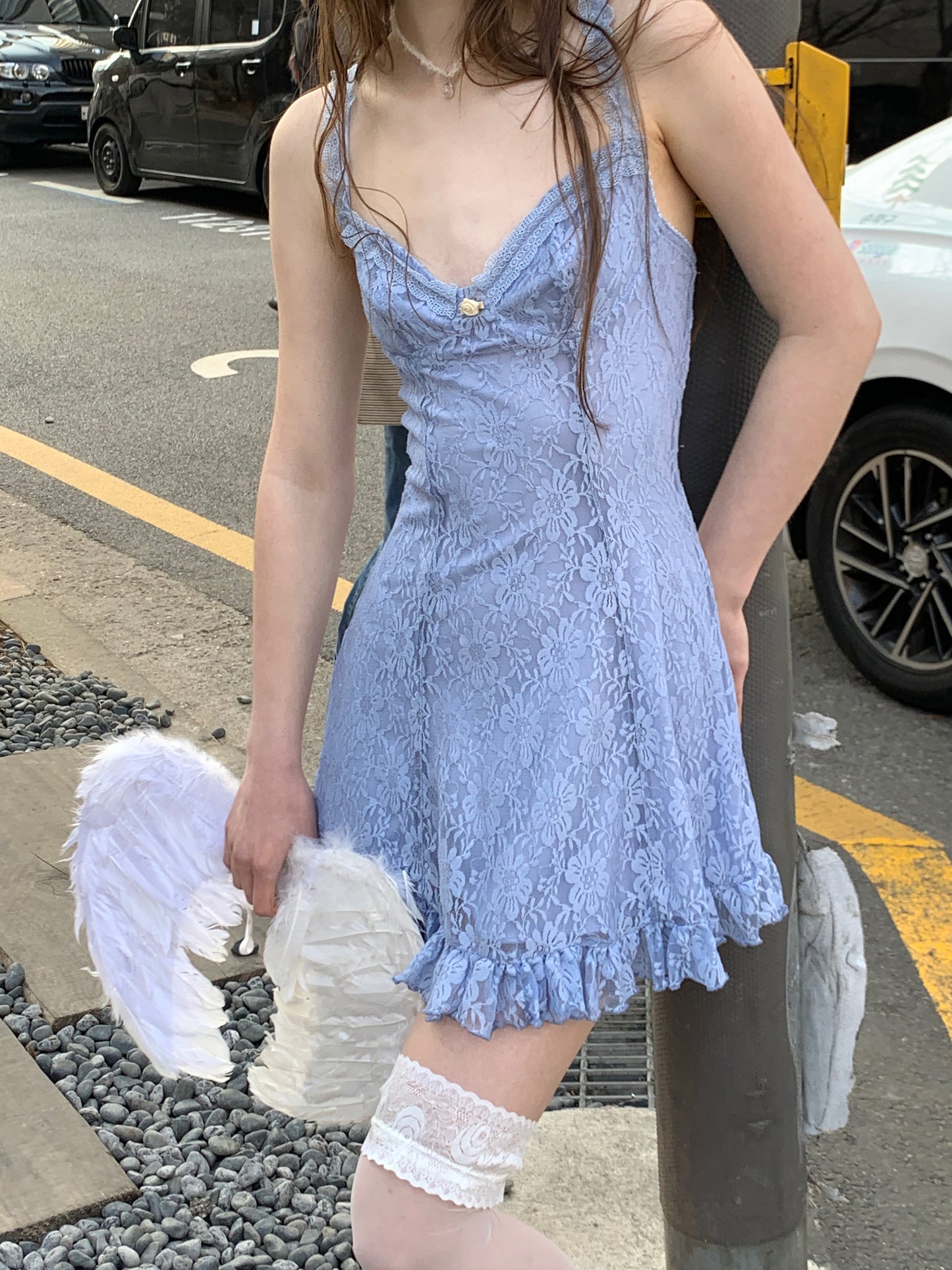 [A00820]Misty Blue Sexy Lace Modern Dress