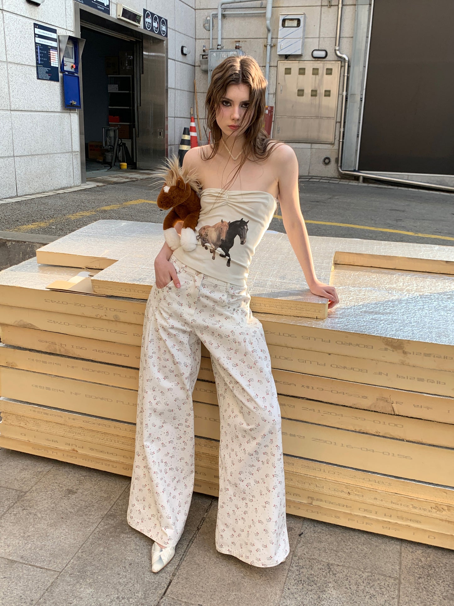 [A00821]Relaxed Fit Bunny Print Wide-Leg Pants