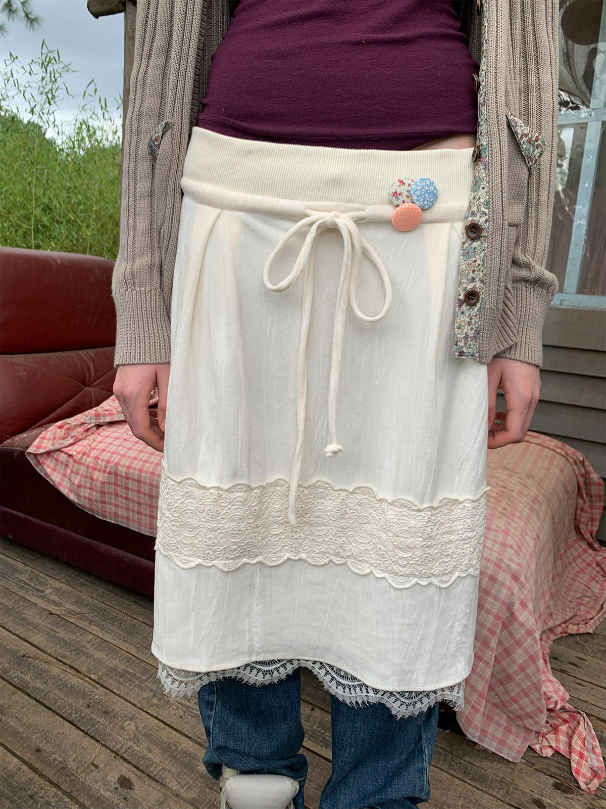 [A002013]Chic Korean Velvet Lace 2-in-1 Bandeau & Midi Skirt Set