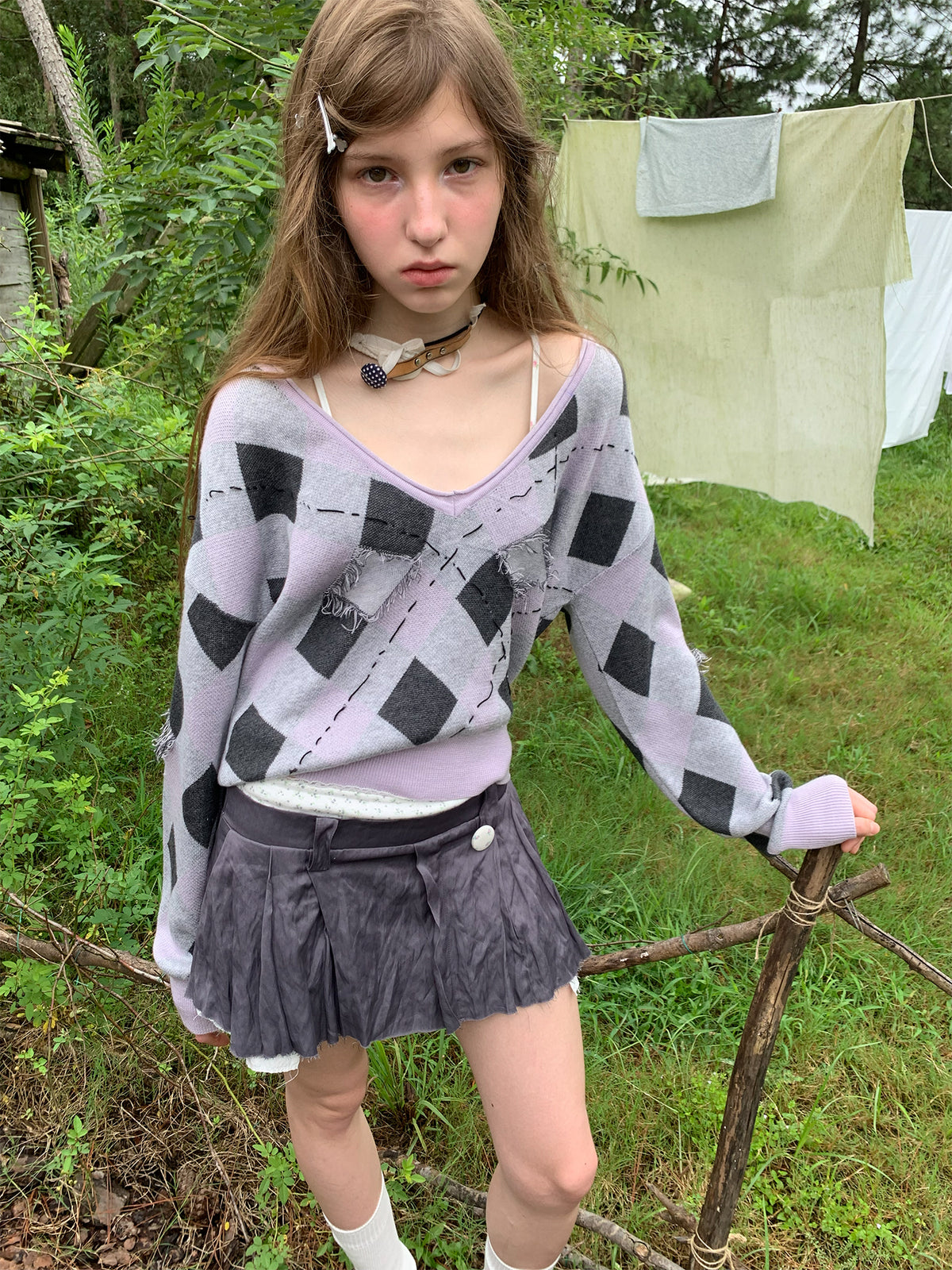 [A002004]Retro Purple Fringed Mesh V-Neck Sweater