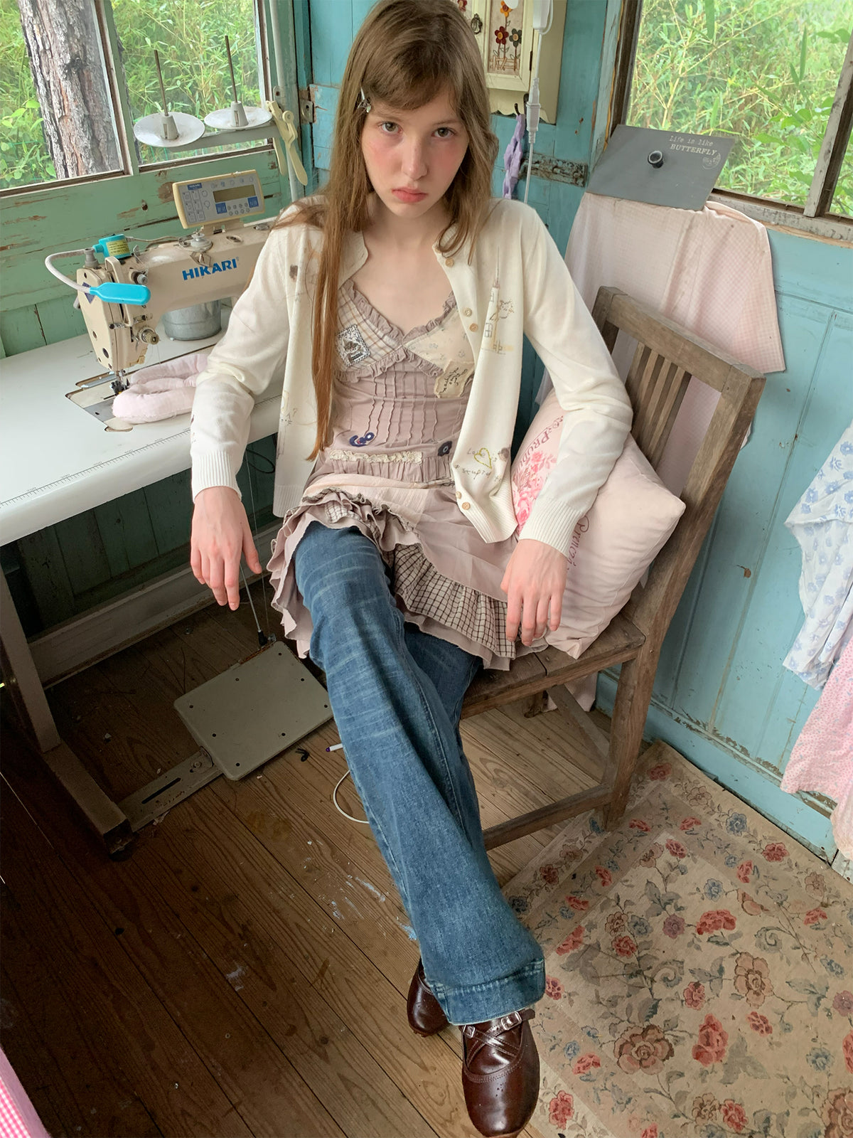 [A002011]Purple Vine Embroidery Washed Vintage Flare Jeans