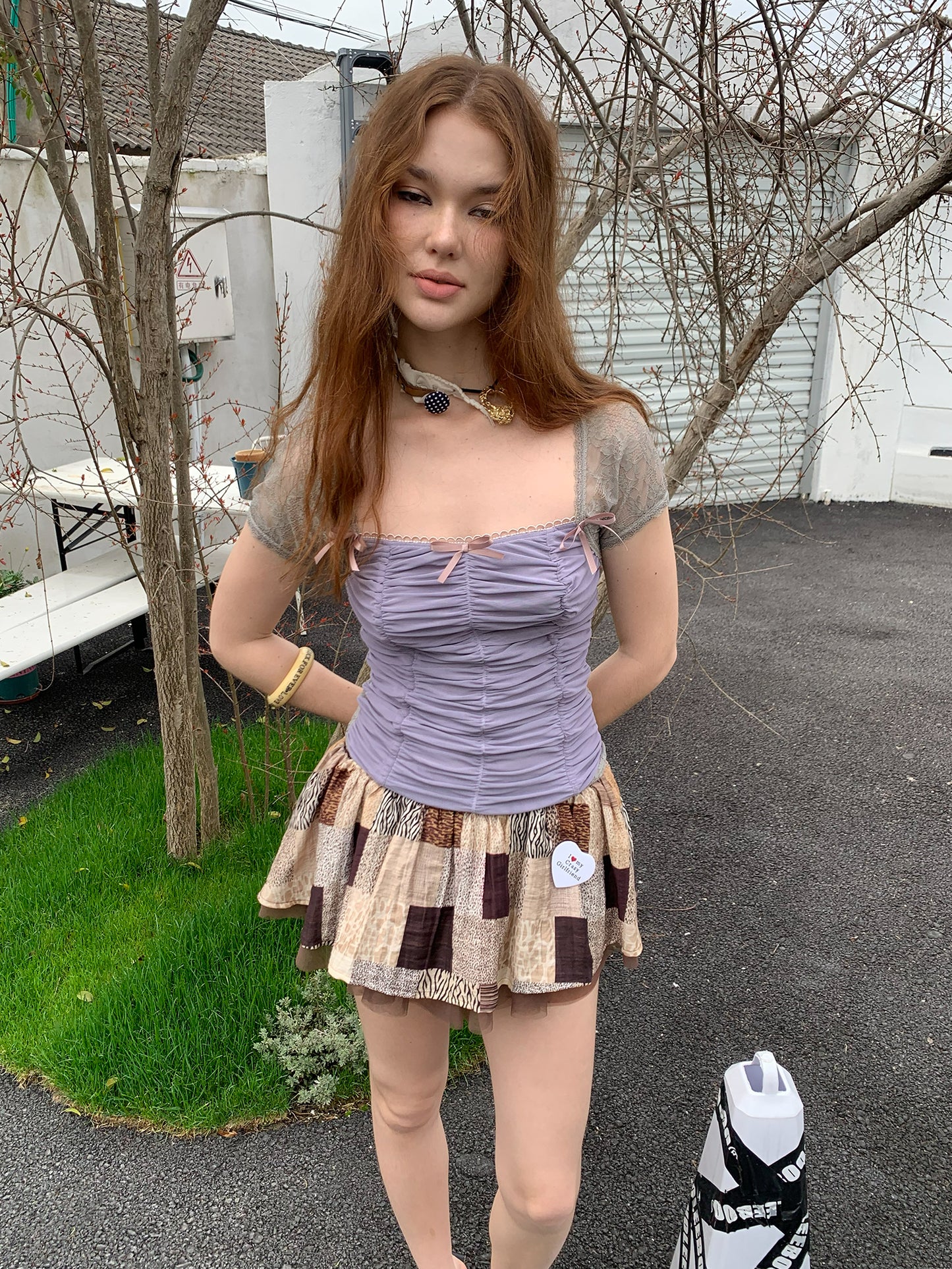 [A001225]Grape purple mesh lace patchwork short-sleeved shirt