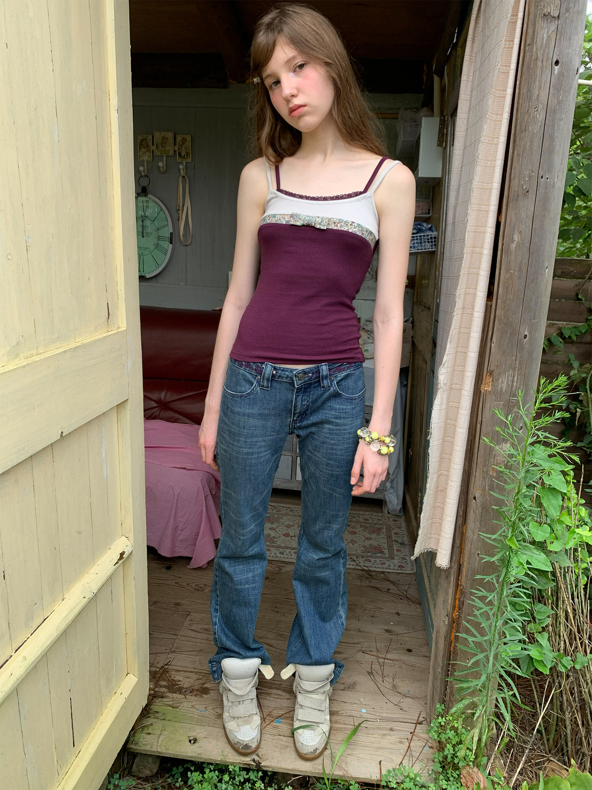 [A002011]Purple Vine Embroidery Washed Vintage Flare Jeans