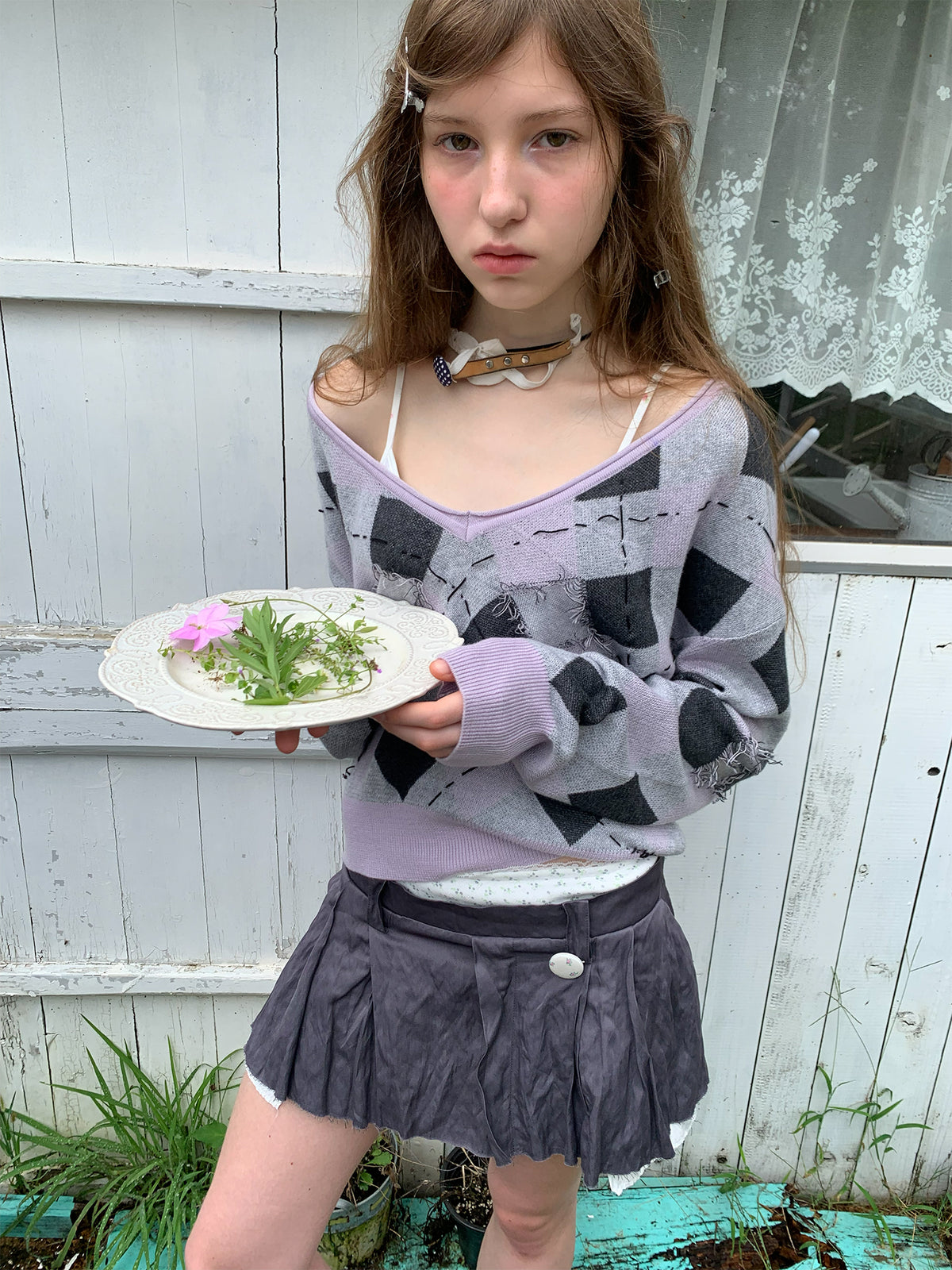 [A002004]Retro Purple Fringed Mesh V-Neck Sweater