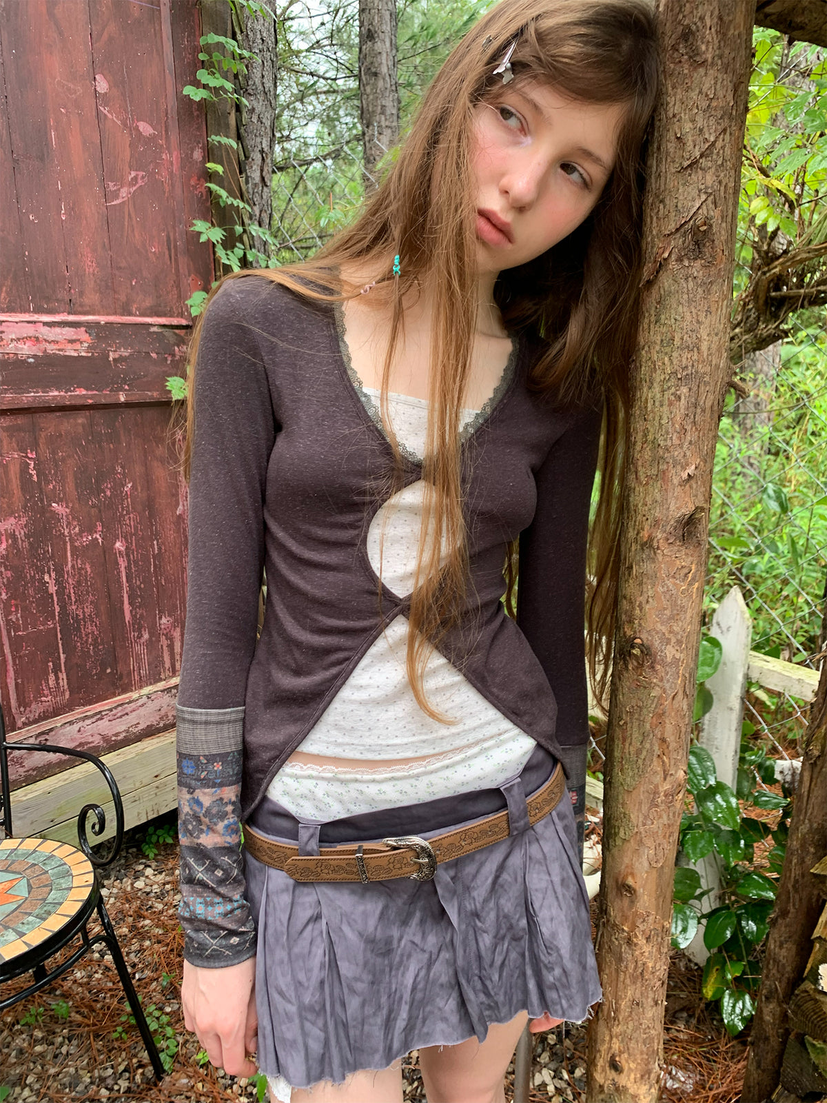 [A002005]Gray Pleated Metallic Paneled Midi Skirt