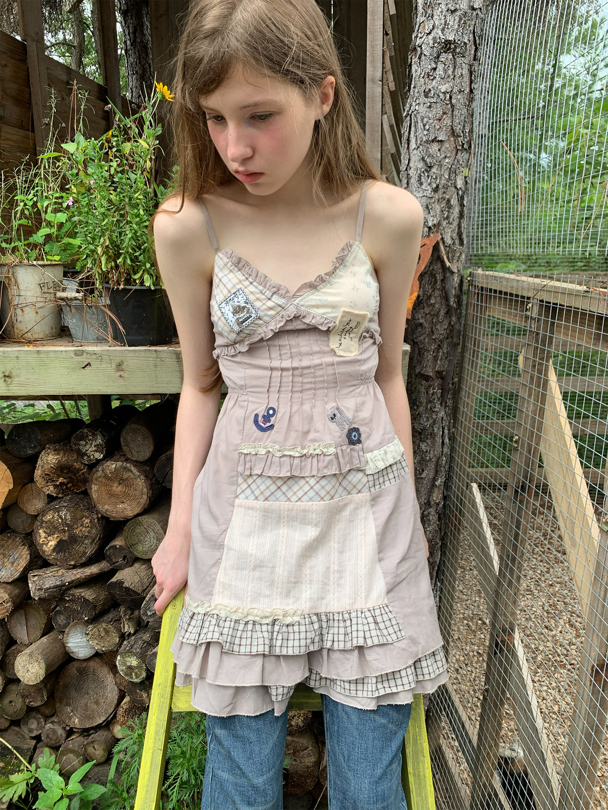 [A002014]Vintage Patchwork Applique Cami Dress