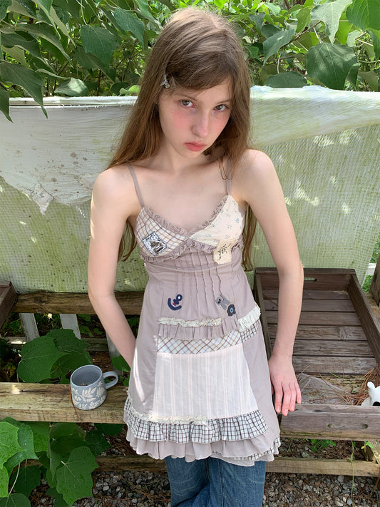 [A002014]Vintage Patchwork Applique Cami Dress