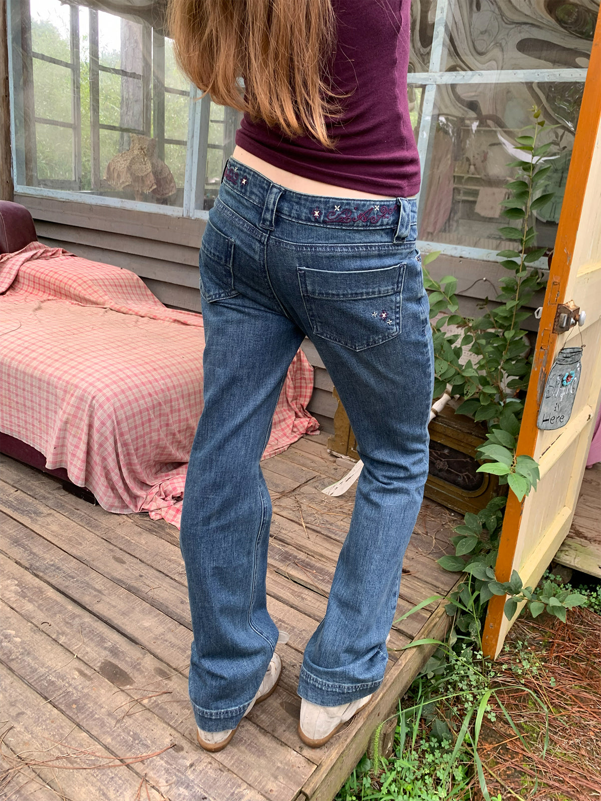 [A002011]Purple Vine Embroidery Washed Vintage Flare Jeans