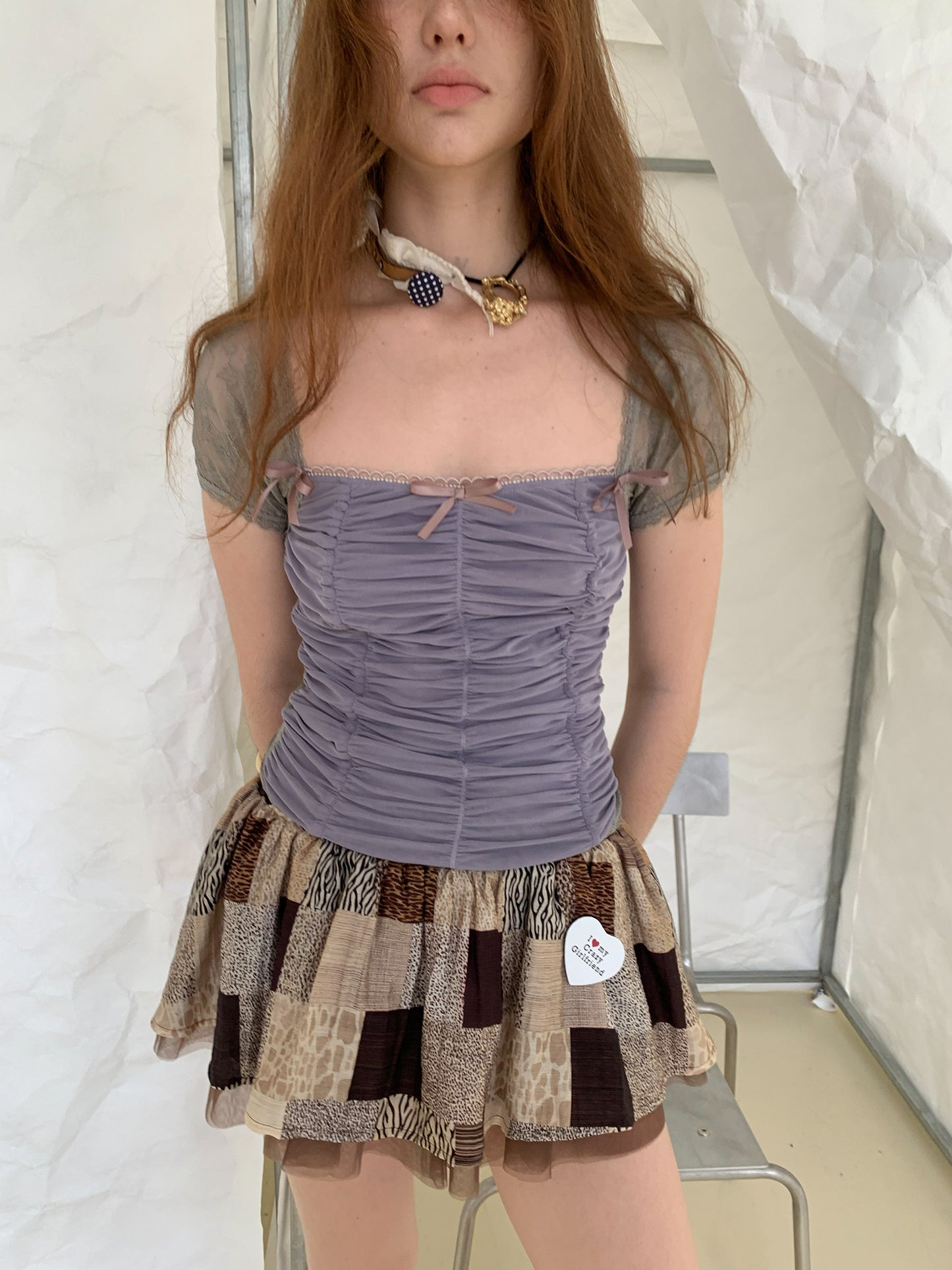 [A001225]Grape purple mesh lace patchwork short-sleeved shirt