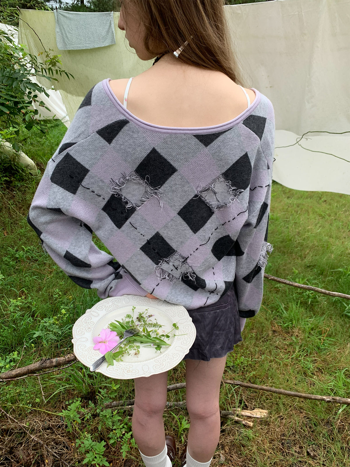 [A002004]Retro Purple Fringed Mesh V-Neck Sweater