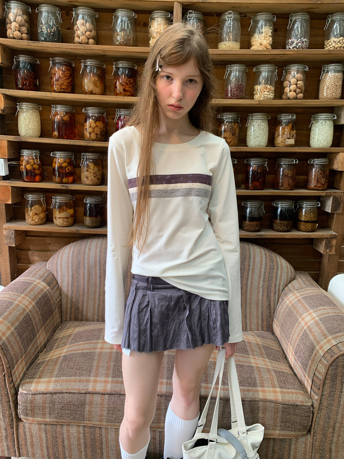 [A002007]Floral Print Patchwork Long Sleeve Top