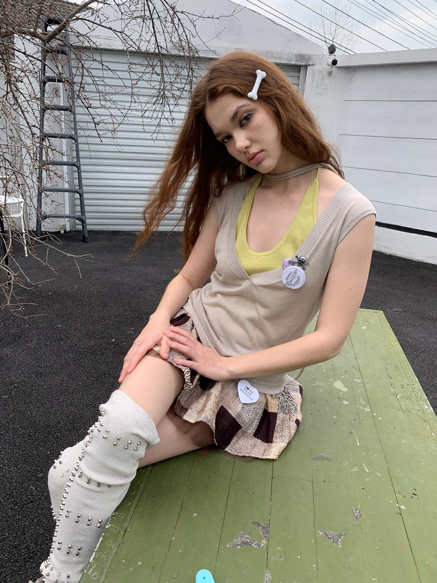 [A001230]Fresh sage color contrast fake two fabric T-shirts