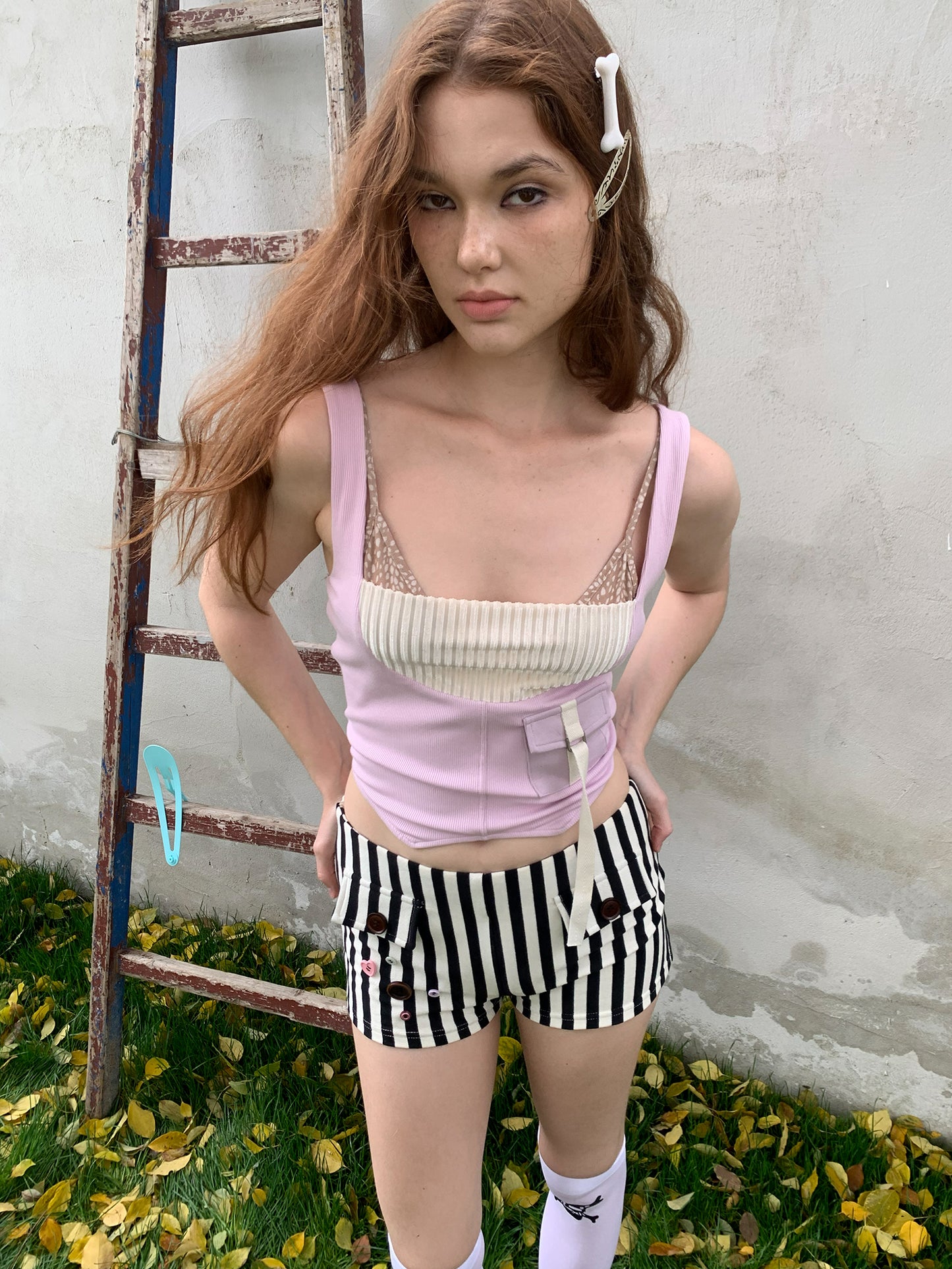 [A001234]babydoll cold pink patchwork playful vest