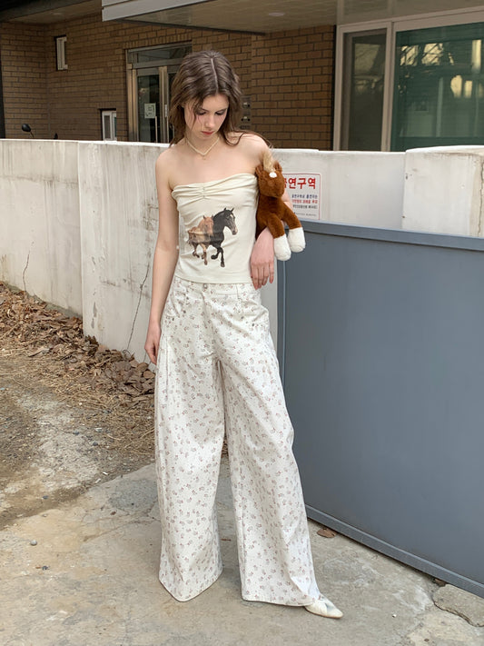 [A00821]Relaxed Fit Bunny Print Wide-Leg Pants