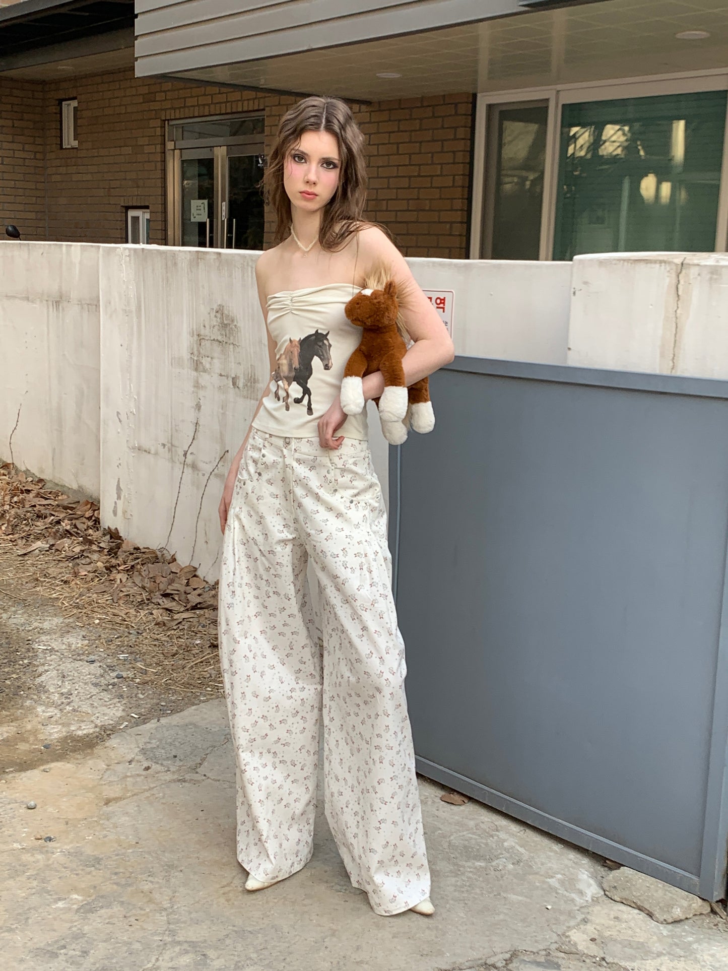 [A00821]Relaxed Fit Bunny Print Wide-Leg Pants