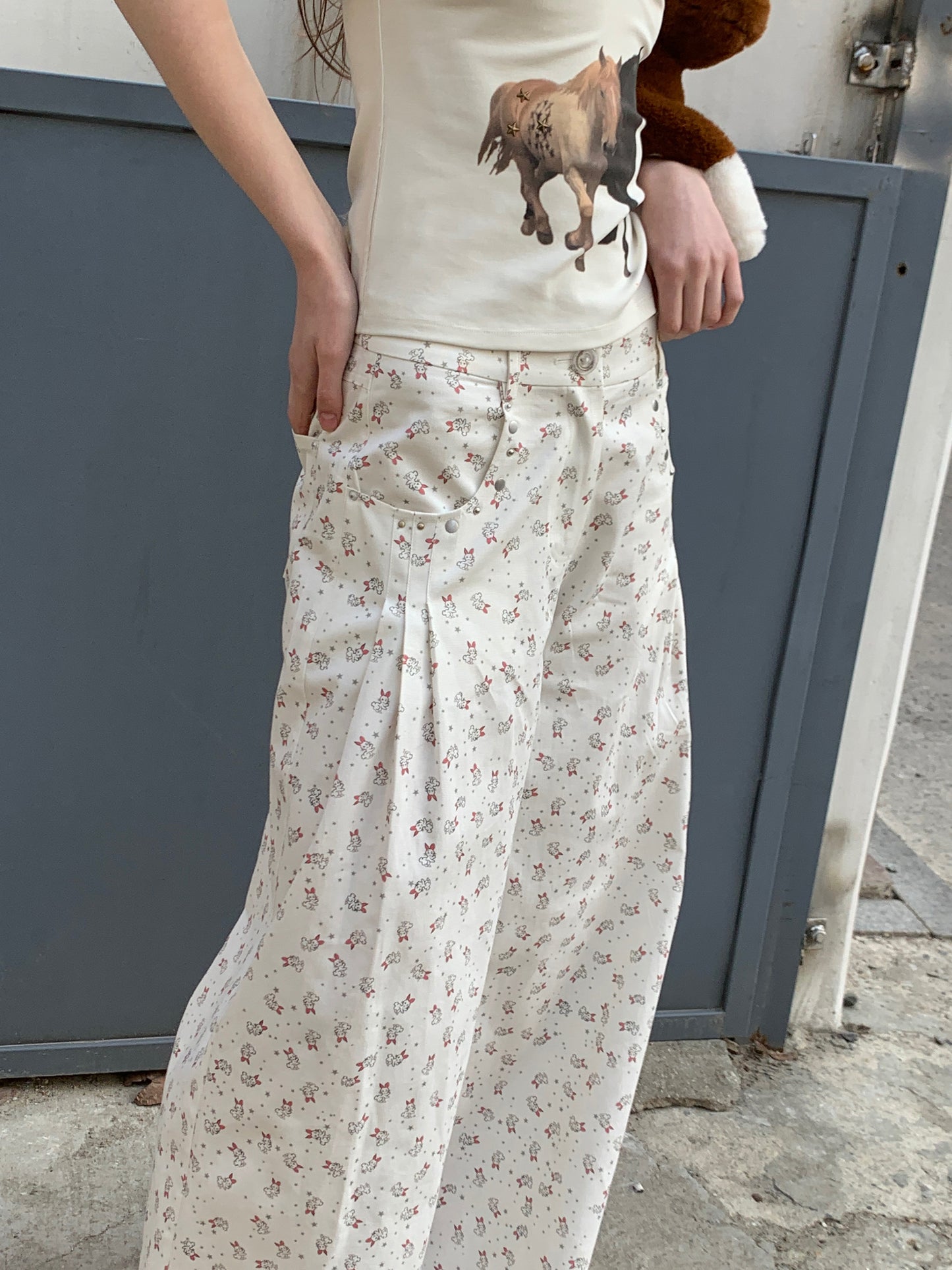 [A00821]Relaxed Fit Bunny Print Wide-Leg Pants