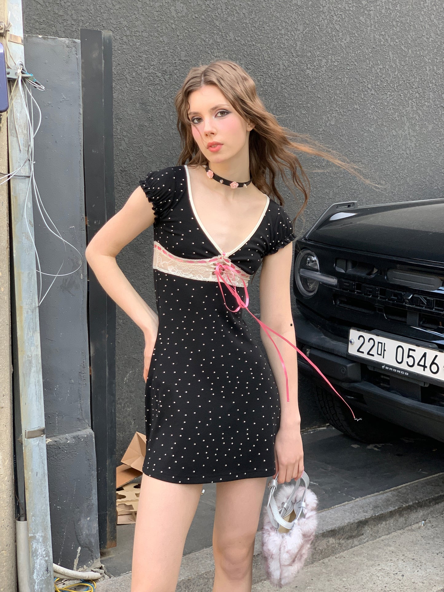 [A00824]Black Polka Dot Bow Dress