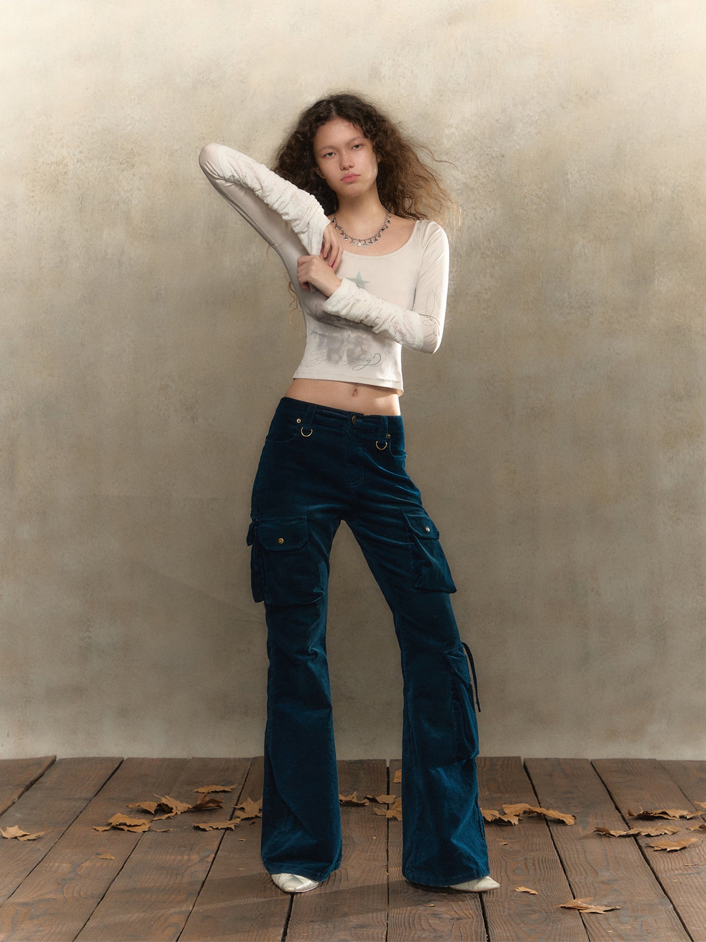 [S0056]Retro tipsy dark blue pocketed slim-fit flared pants