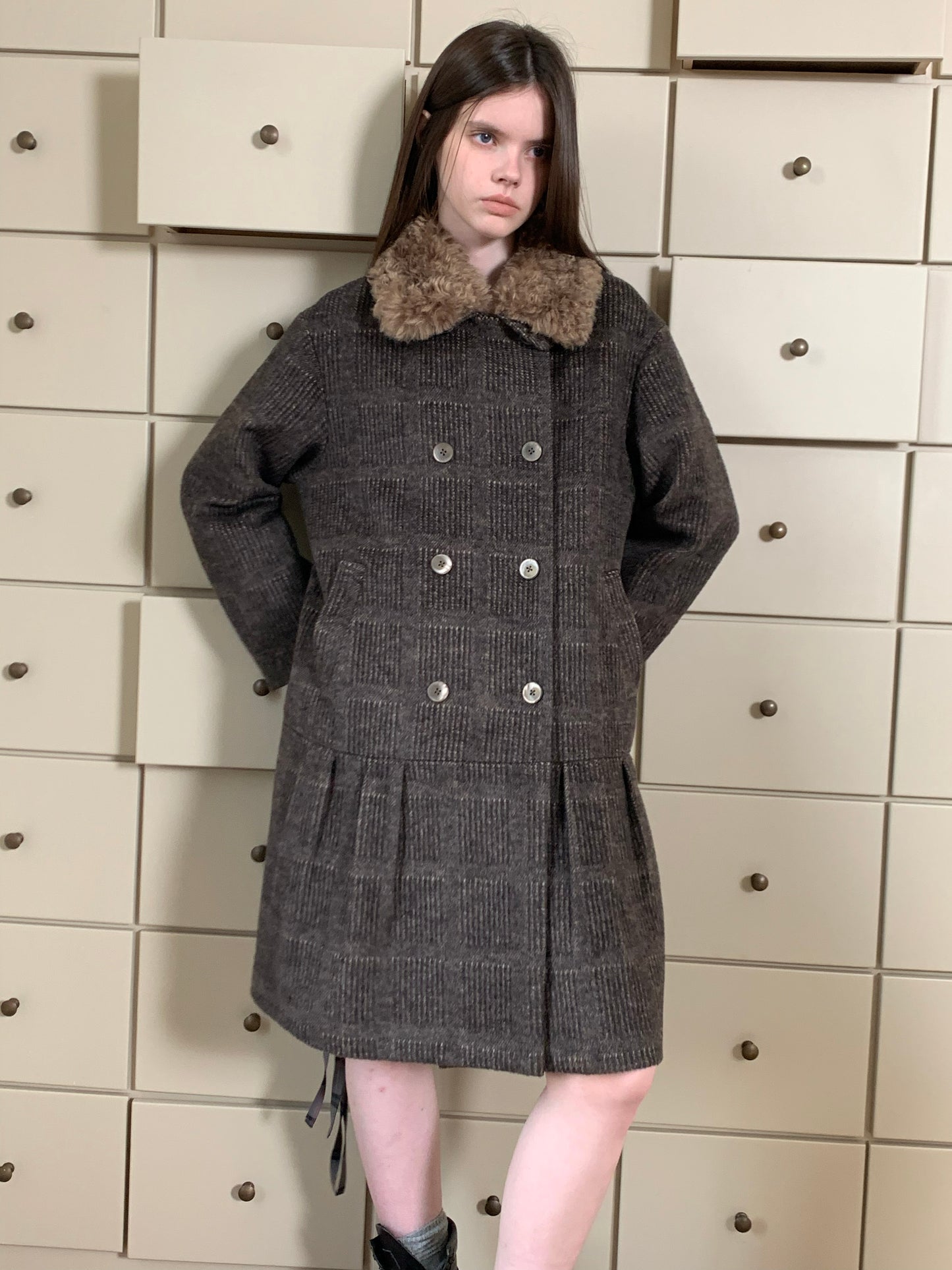 [A001079]Vintage ‘Darjeeling Check’ Wool Coat with Fur Collar