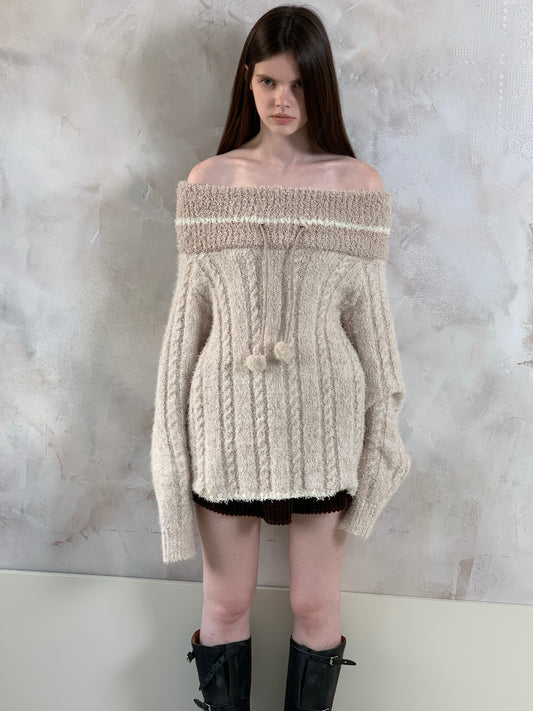 [A001080]Poetic Minimalist Beige Off-Shoulder Knit Sweater