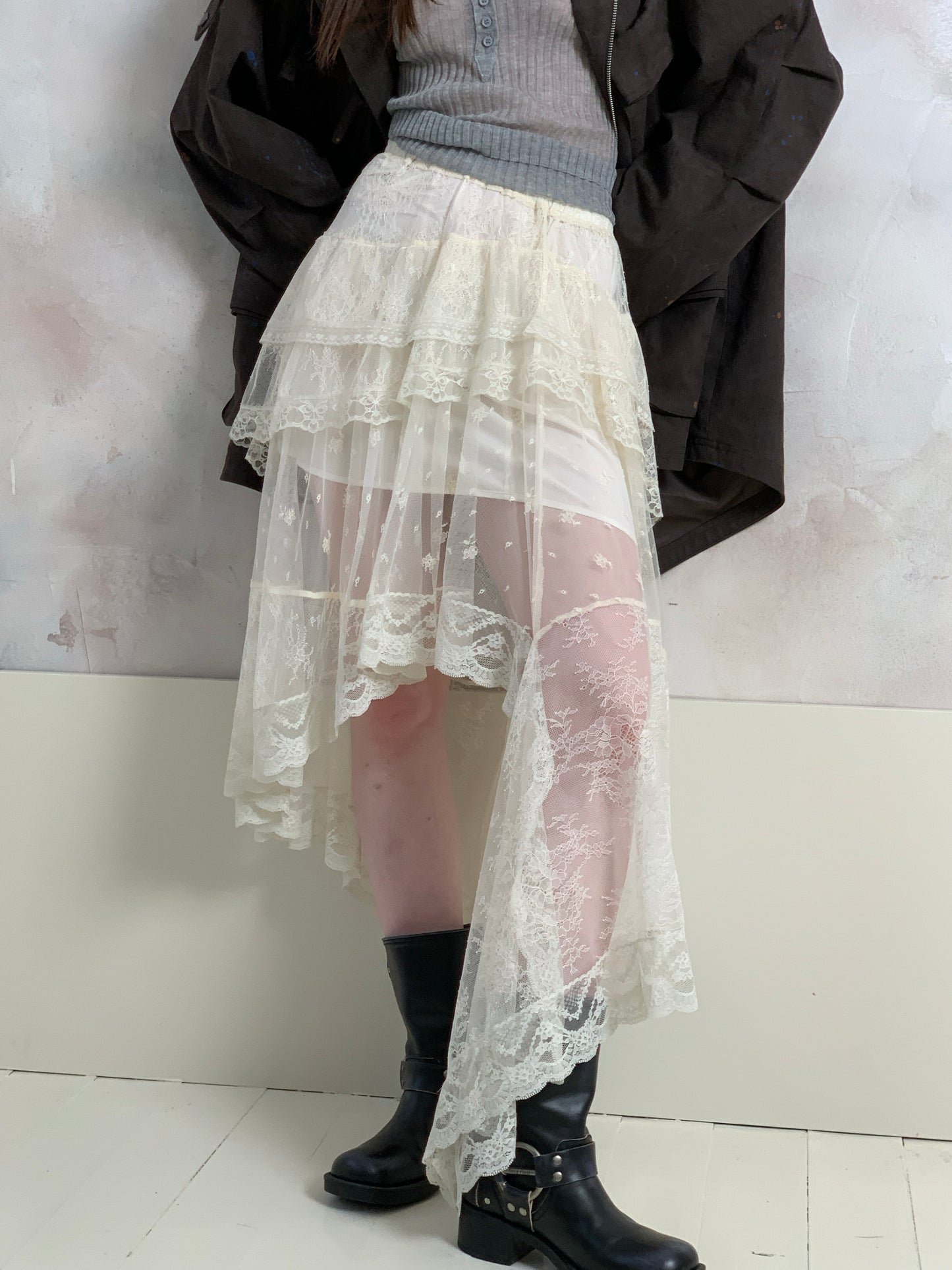 [A001087]Romantic Tiered Lace & Tulle Skirt - Asymmetric Hemline