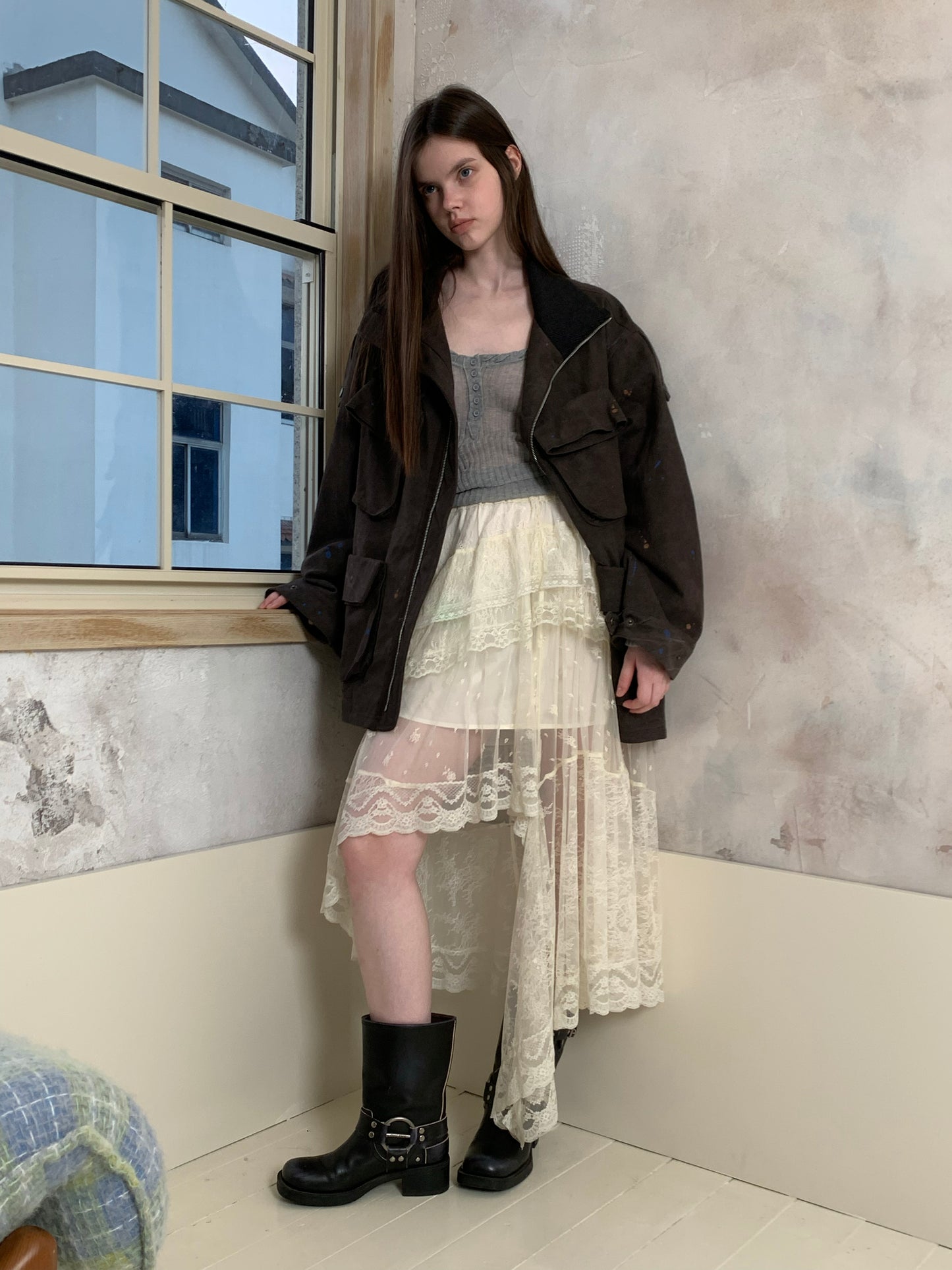 [A001087]Romantic Tiered Lace & Tulle Skirt - Asymmetric Hemline