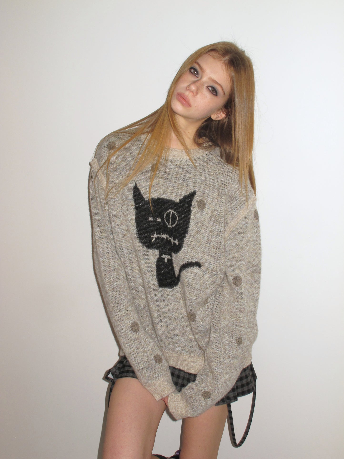 [A001144]Bandage Cat Polka Dot Mock Layered Sweater