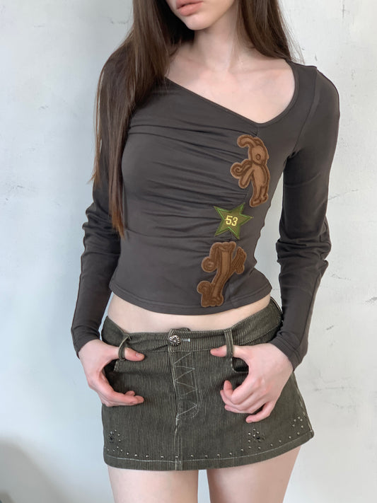 [A001061]Olive Green Vintage Corduroy Midi Skirt with Crystal Embellishments