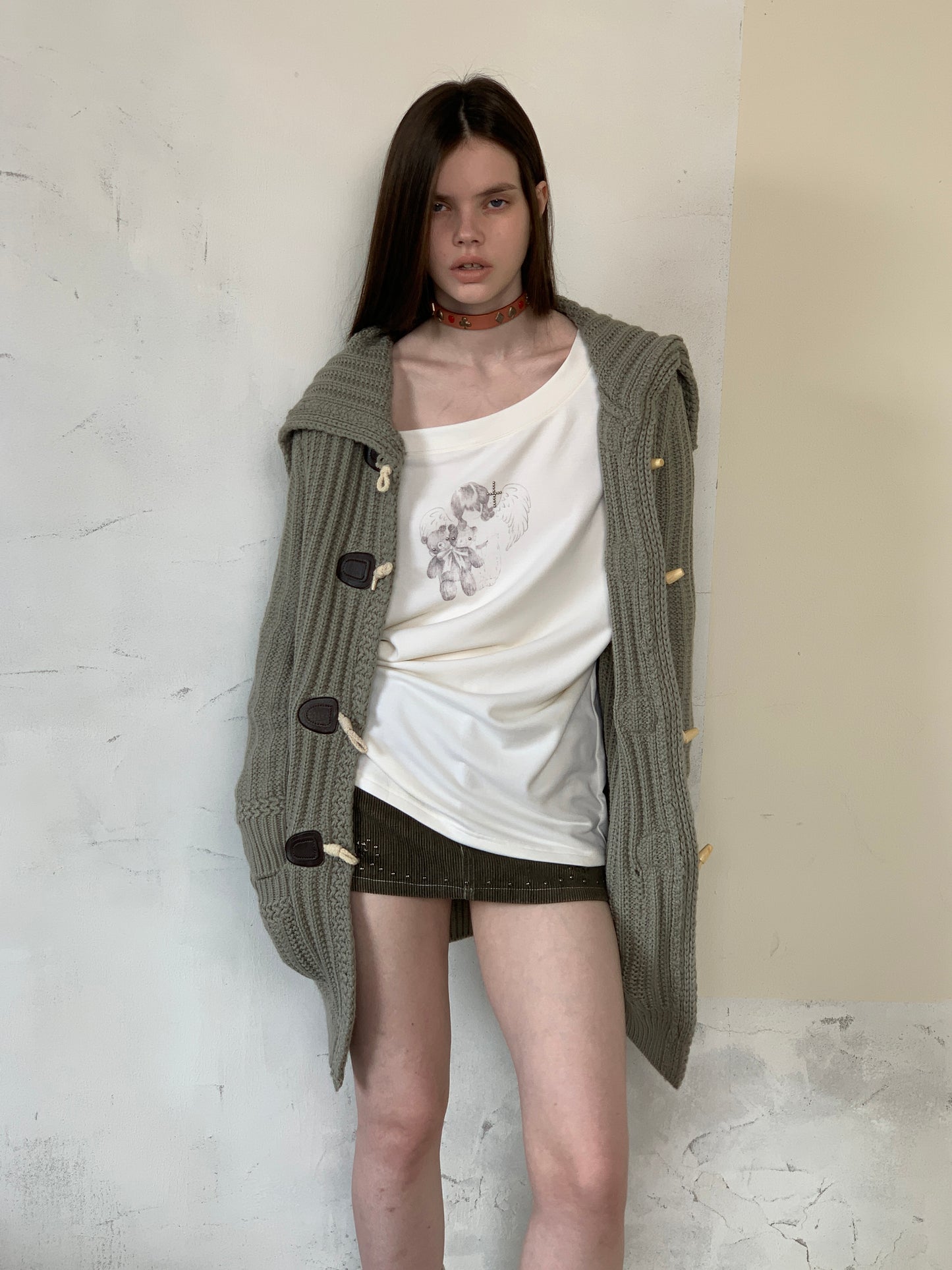 [A001063]Slouchy Gray Chunky Knit Cardigan - Preppy Oversized Style