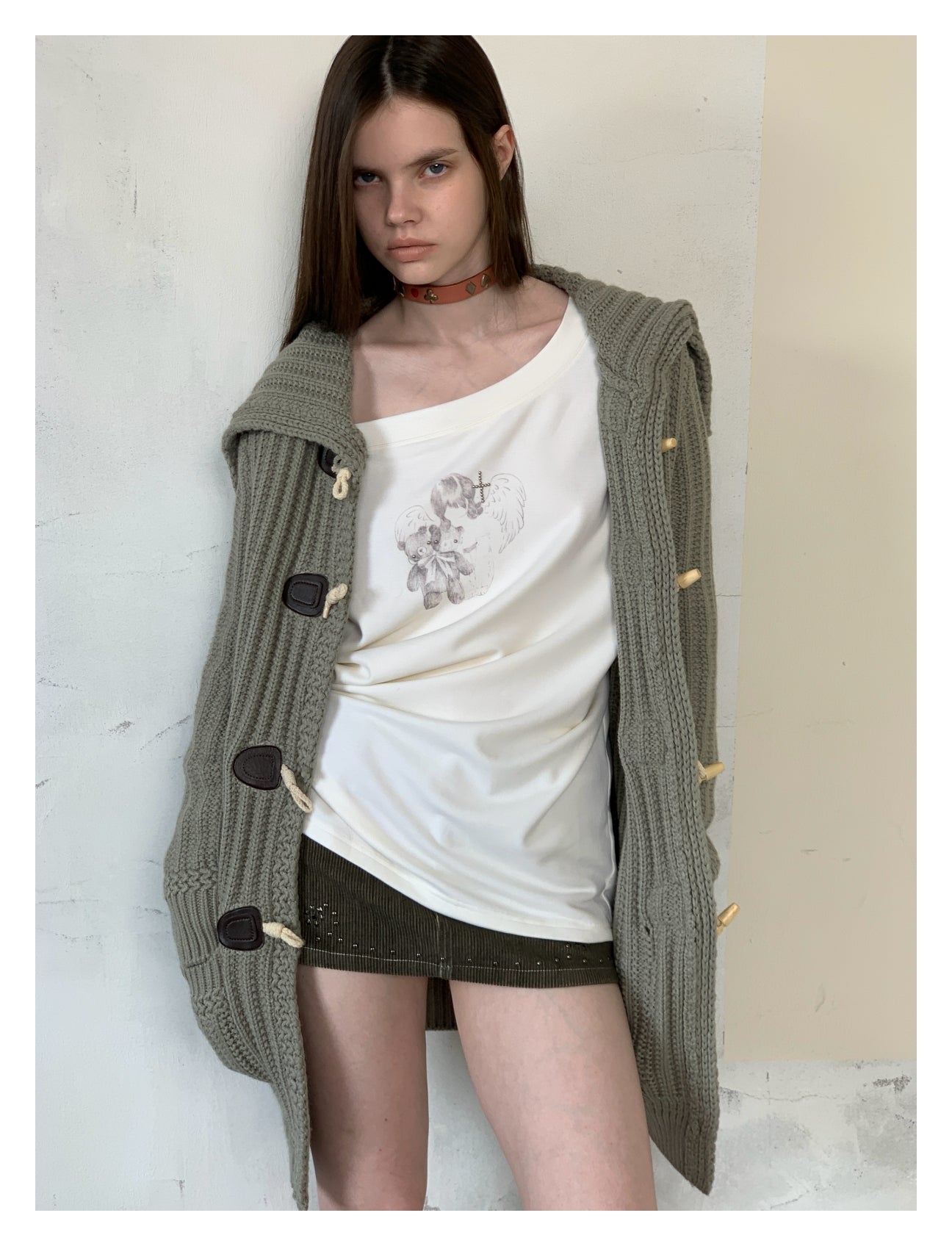 [A001063]Slouchy Gray Chunky Knit Cardigan - Preppy Oversized Style