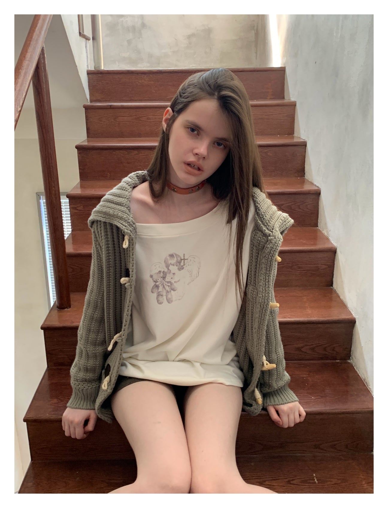 [A001063]Slouchy Gray Chunky Knit Cardigan - Preppy Oversized Style