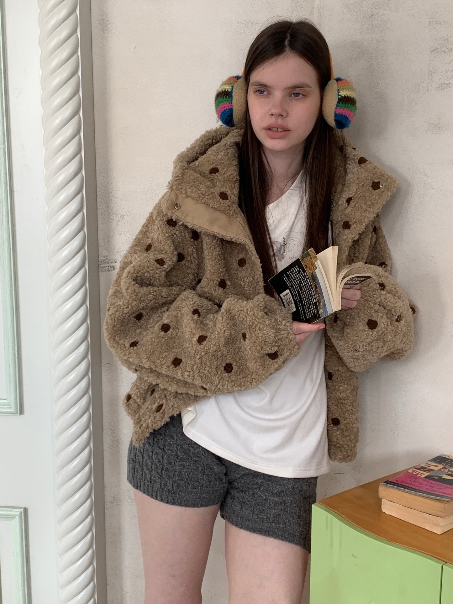[A001066]Barn-Inspired Polka Dot Sherpa Jacket - Cozy & Cute