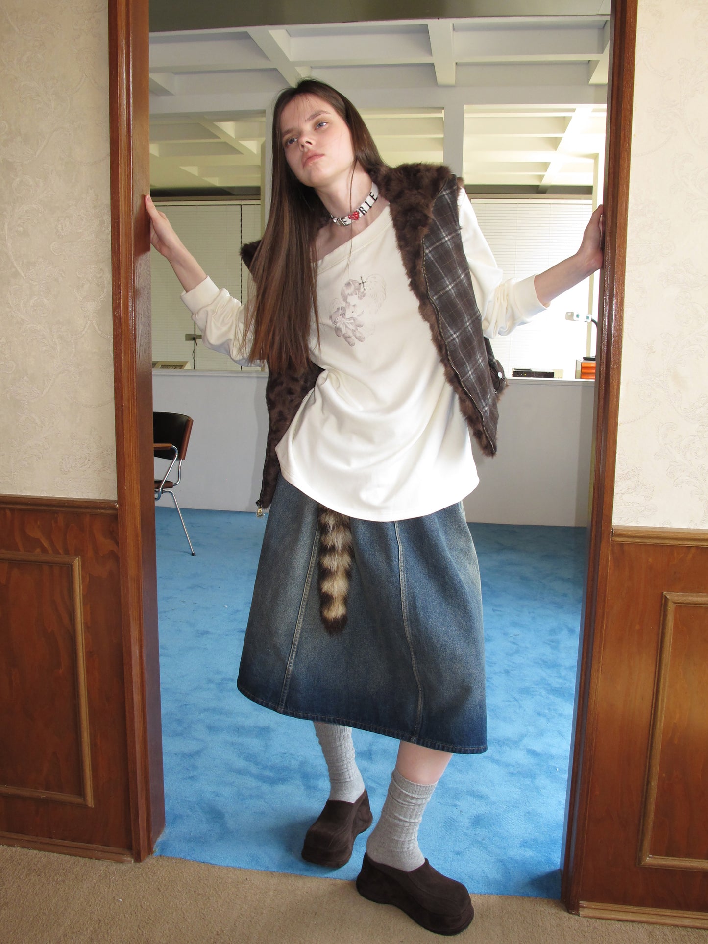 [A001051]Reversible Plush Vest with Vintage Check Pattern