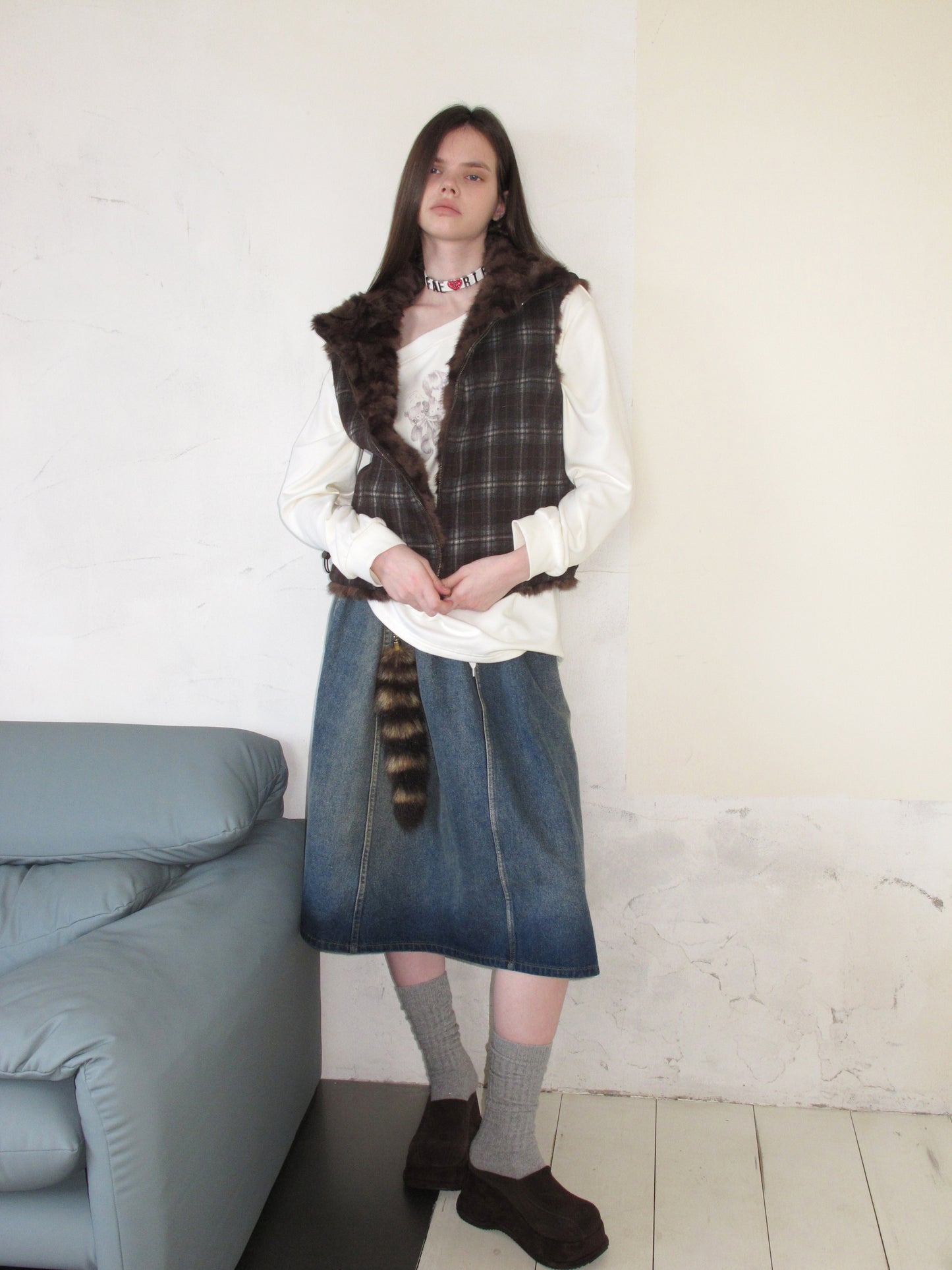 [A001051]Reversible Plush Vest with Vintage Check Pattern