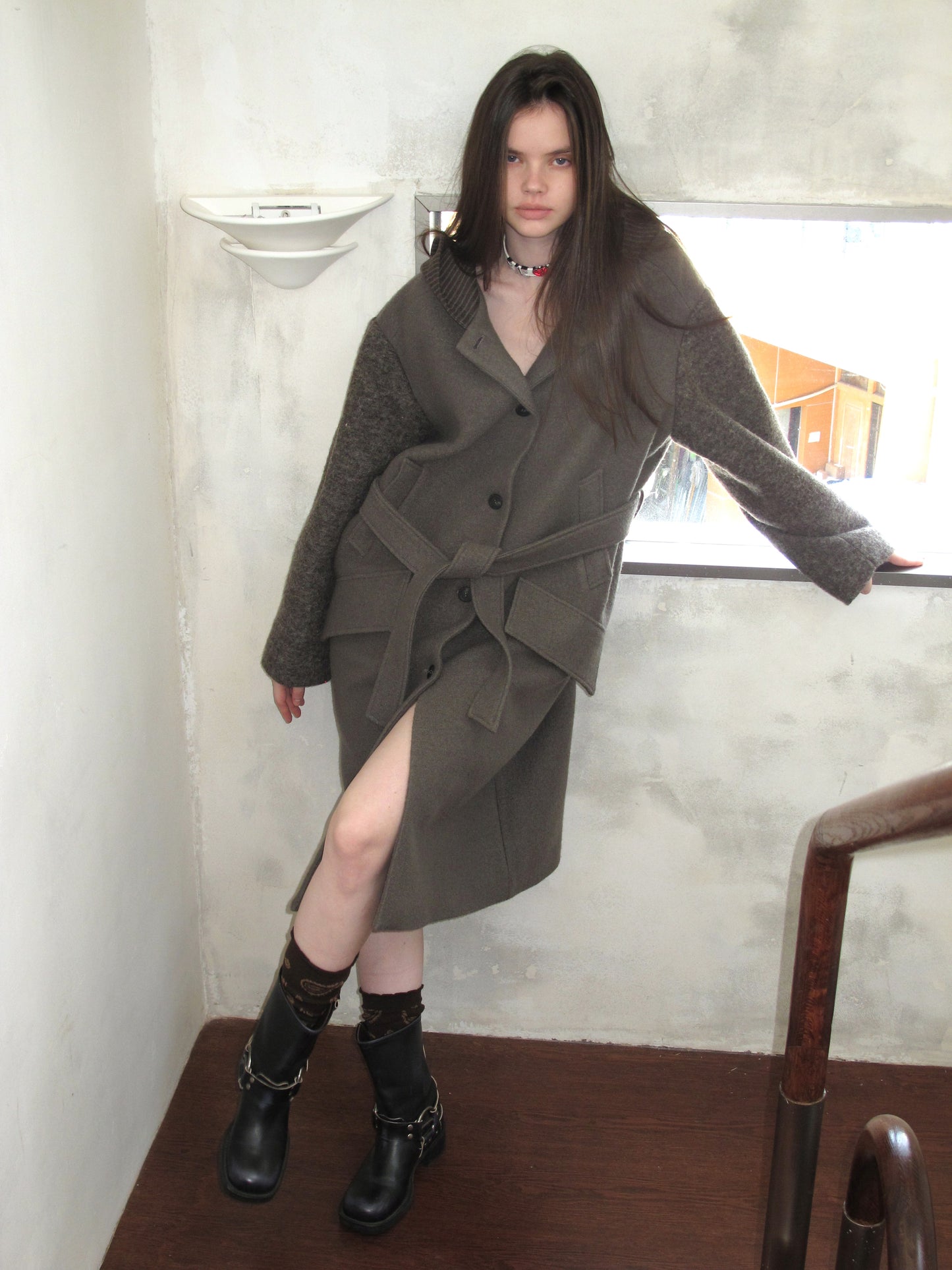 [A001059]London-Inspired Wool Blend Coat - Modern Color Block Design