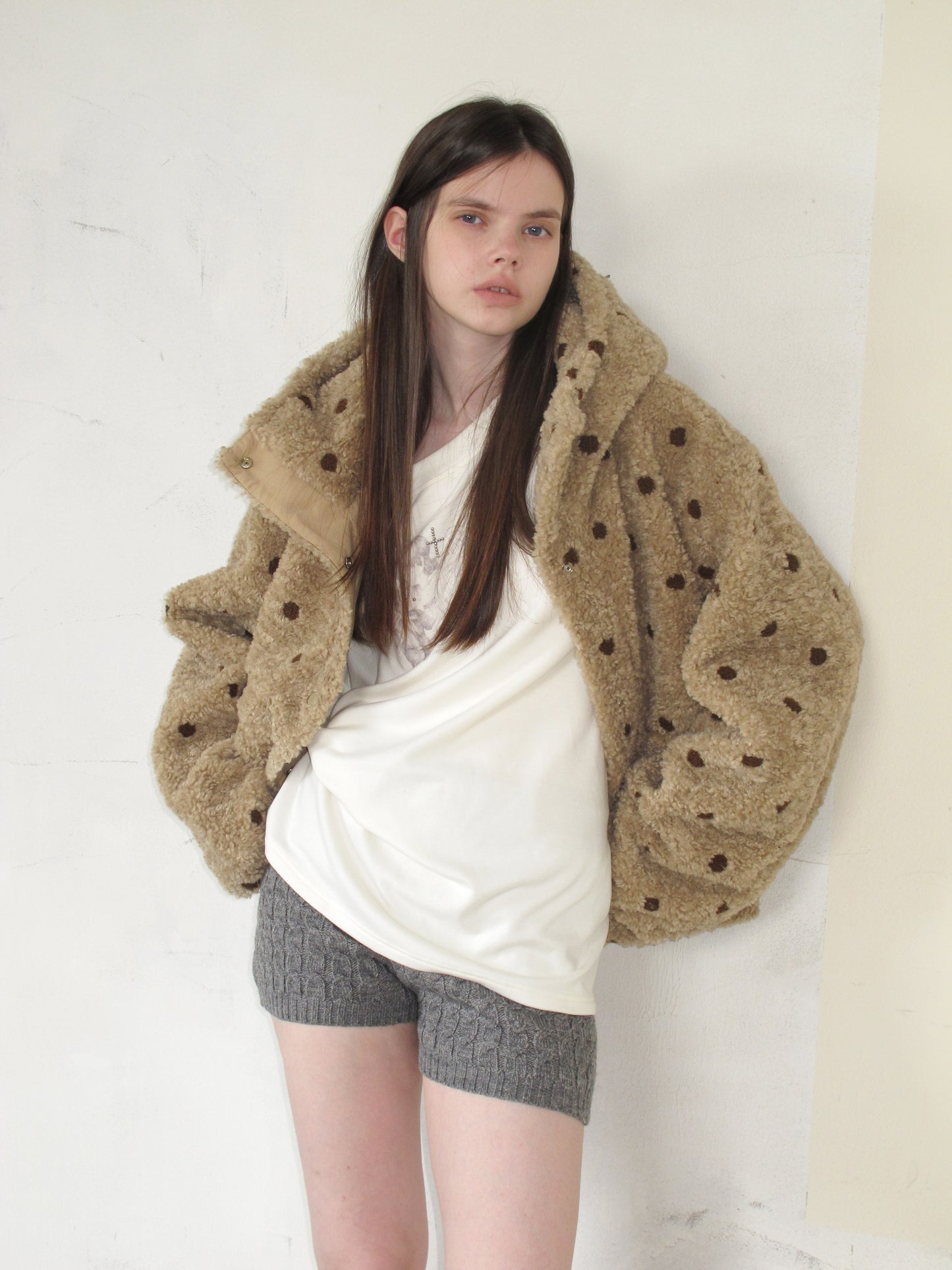 [A001066]Barn-Inspired Polka Dot Sherpa Jacket - Cozy & Cute