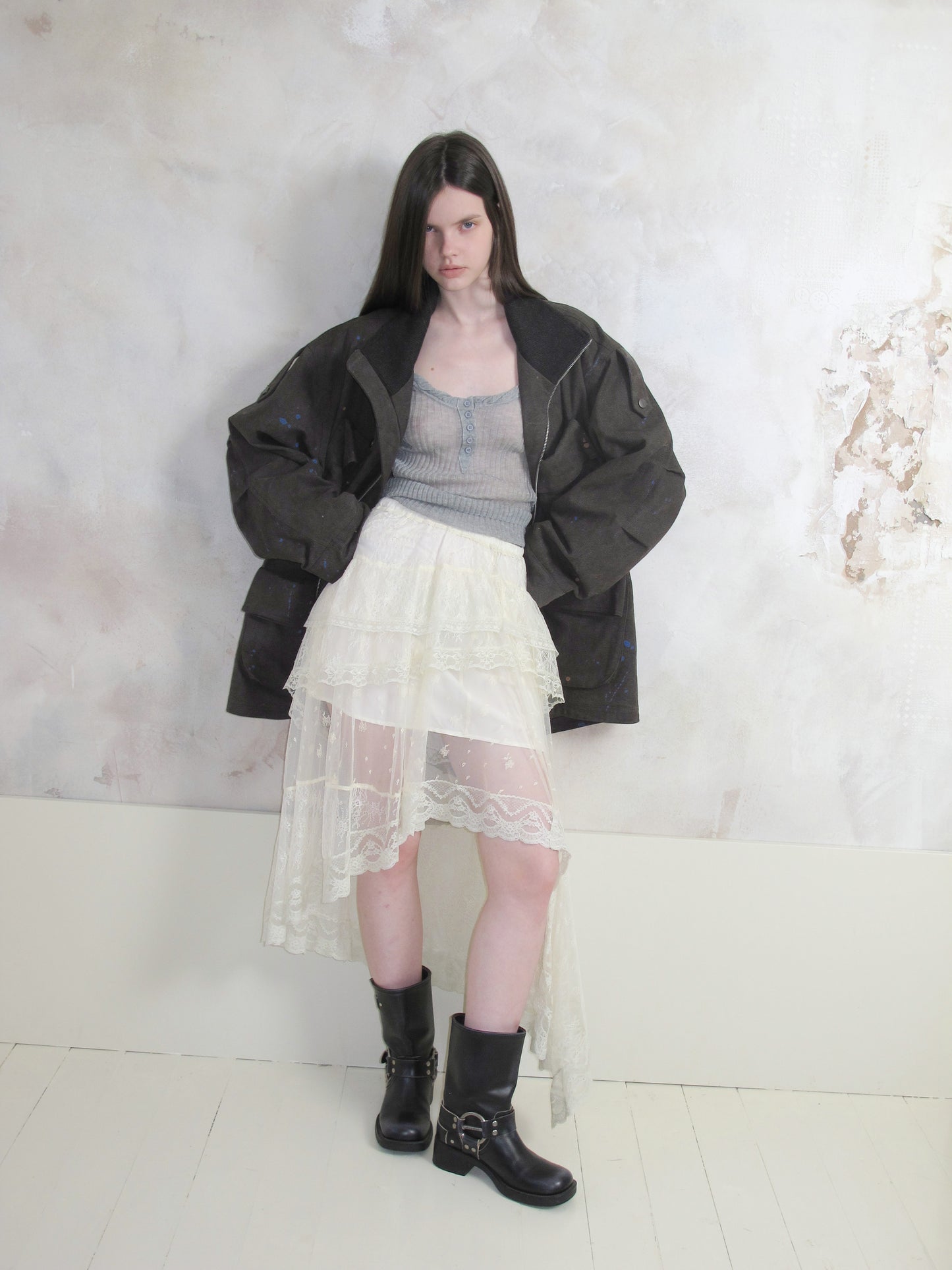 [A001087]Romantic Tiered Lace & Tulle Skirt - Asymmetric Hemline