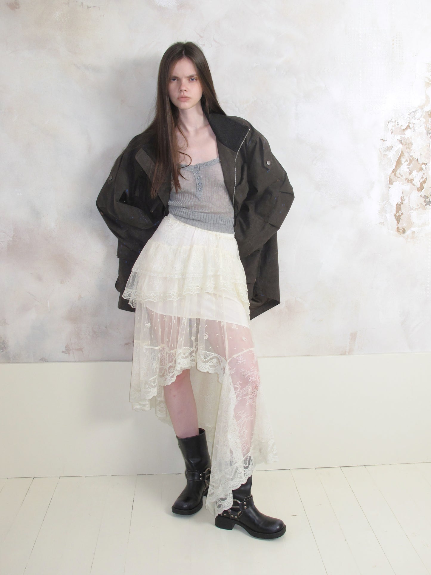 [A001087]Romantic Tiered Lace & Tulle Skirt - Asymmetric Hemline