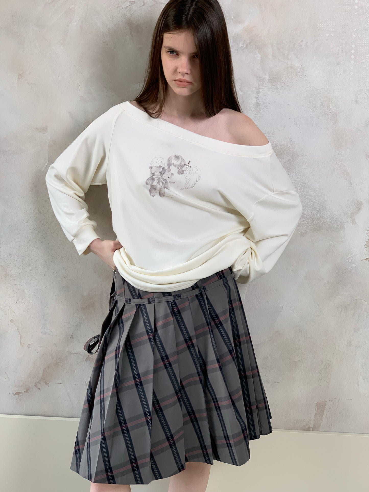 [A001078]Intellectualist Grey & Pink Plaid Pleated Midi Skirt