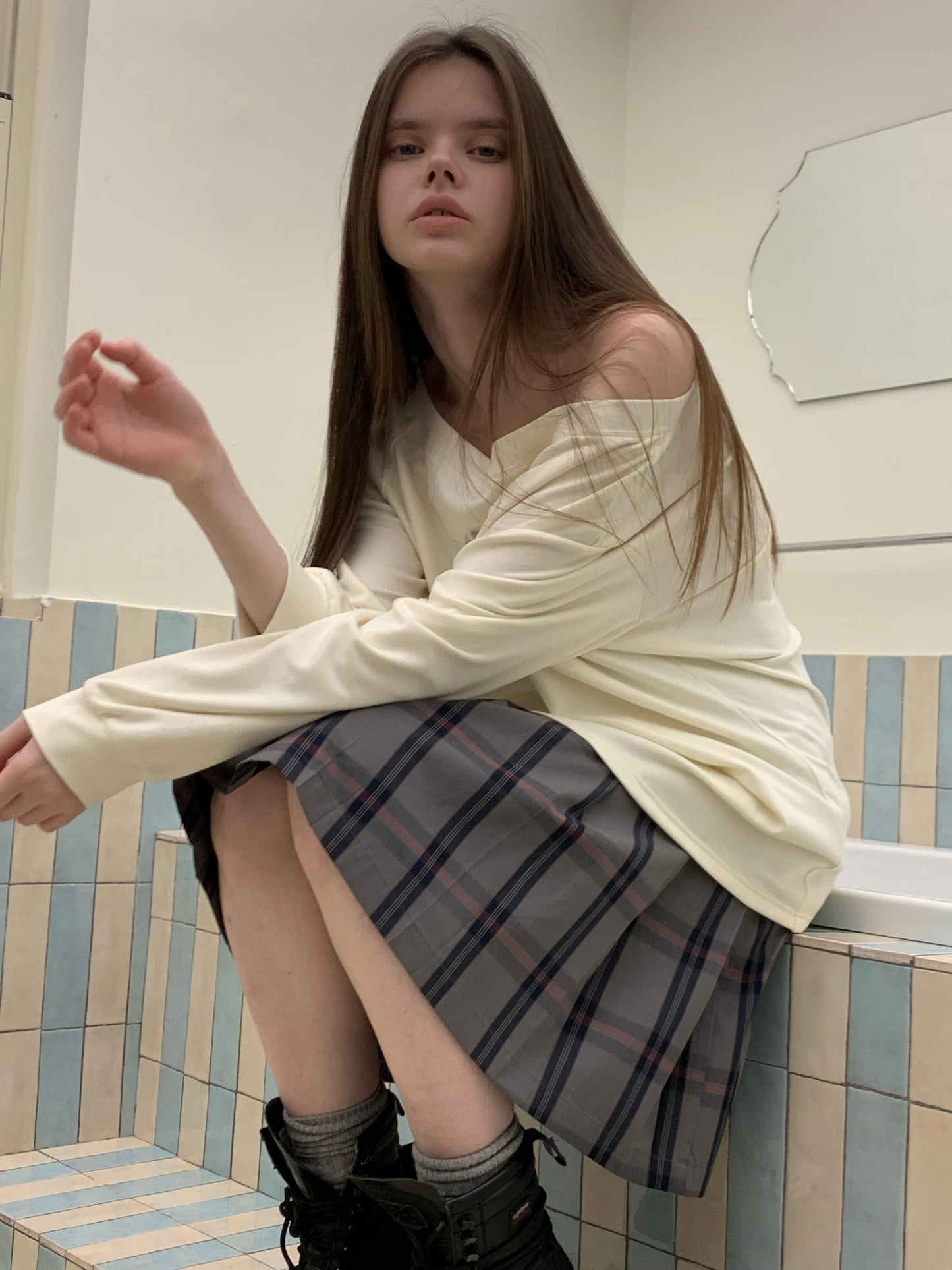 [A001078]Intellectualist Grey & Pink Plaid Pleated Midi Skirt