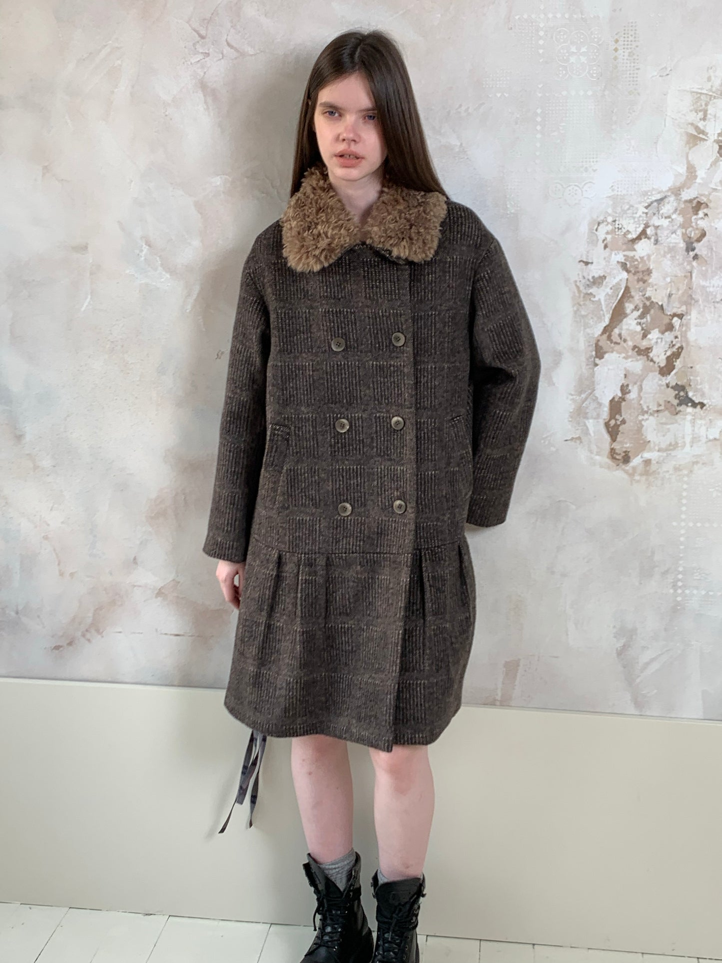 [A001079]Vintage ‘Darjeeling Check’ Wool Coat with Fur Collar