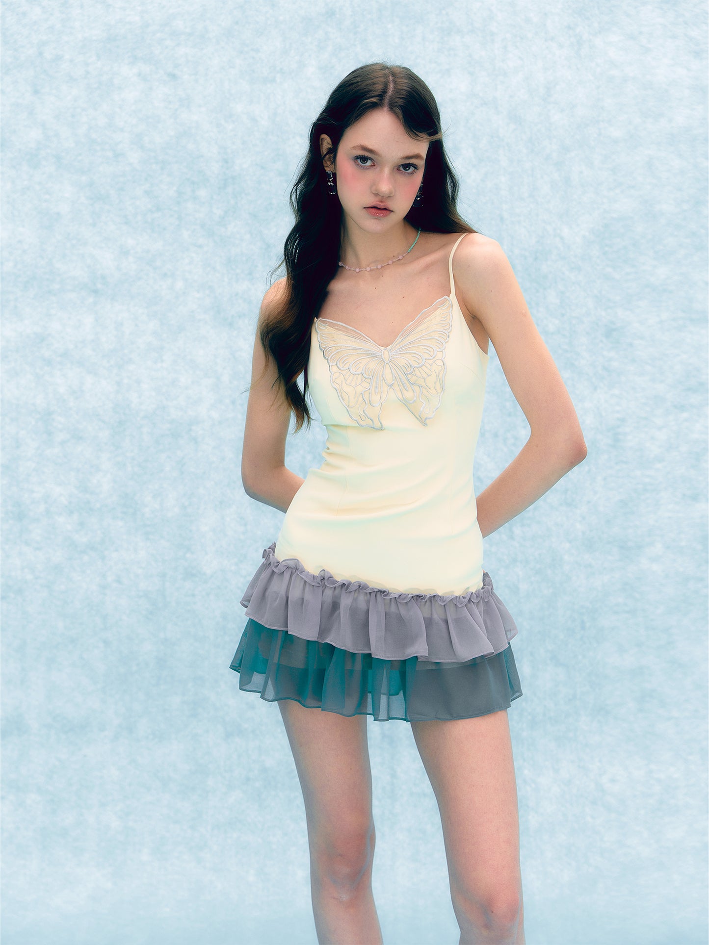 [D0028]Butterfly Embroidered 2000s y2k Color Block Dress